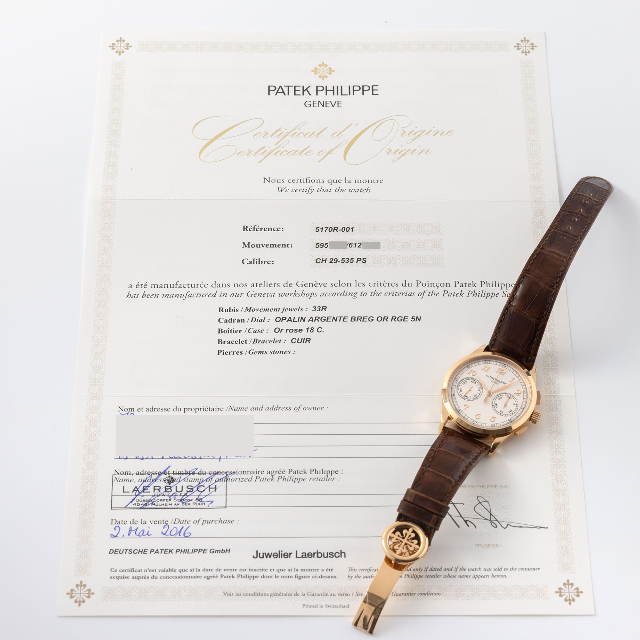 Patek Philippe Chronograph 5170-001R “Breguet Numerals” in 18K Rose Gold Box and Paper Set