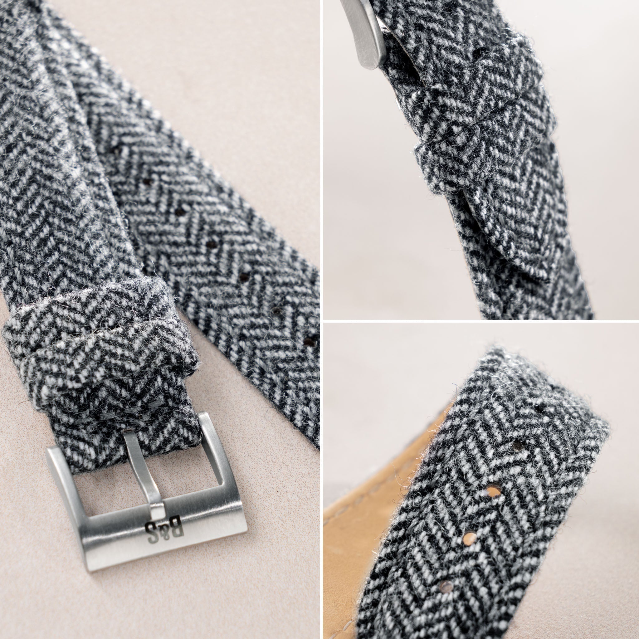 Herringbone Tweed Black Leather Watch Strap