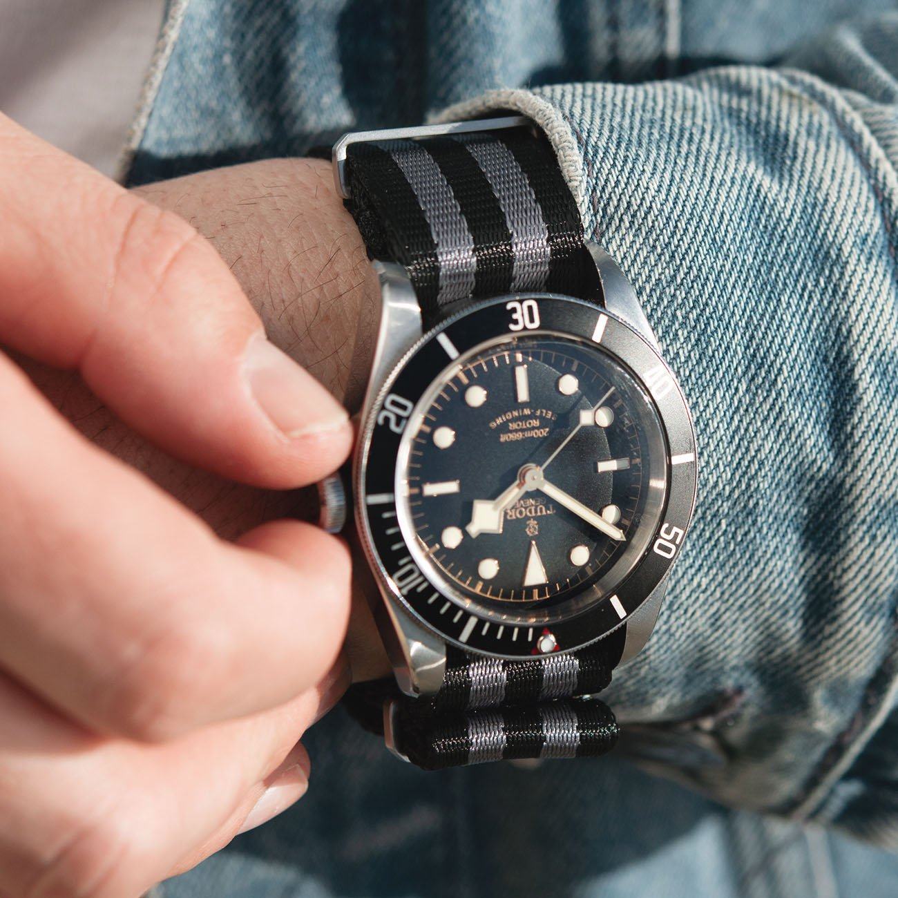 Deluxe Nylon Nato Horlogeband Zwart Grijs Gestreept
