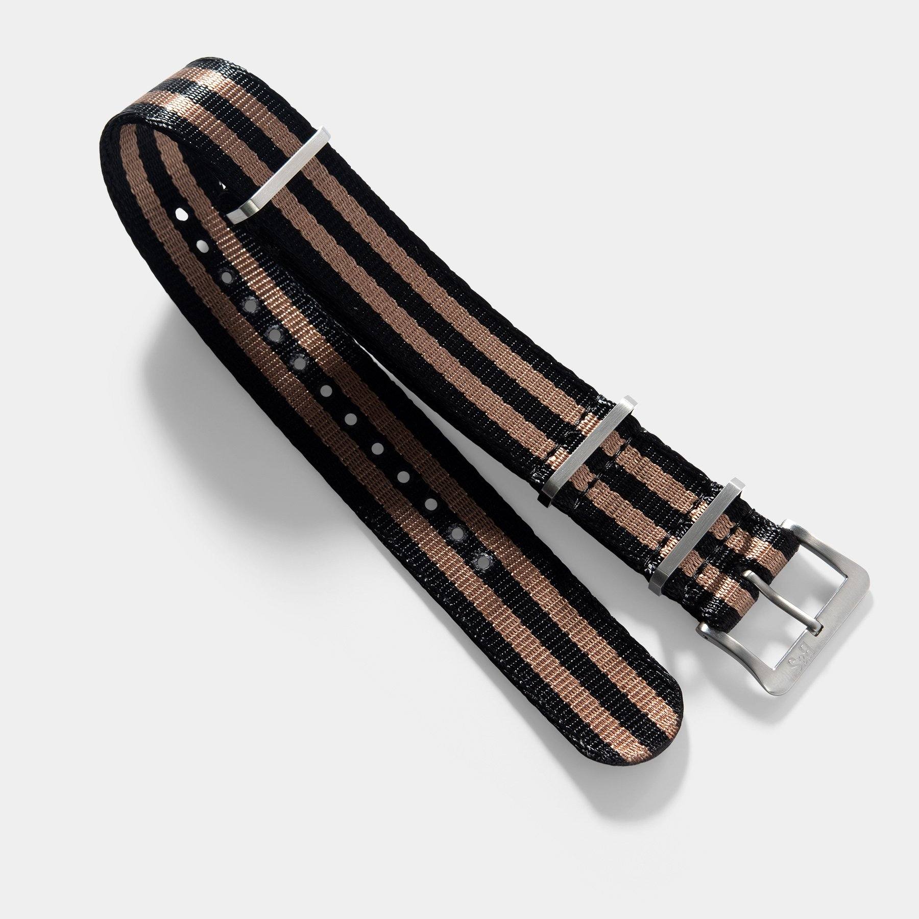 Deluxe Nylon Nato Horlogeband Zwart Brons Dubbel Gestreept