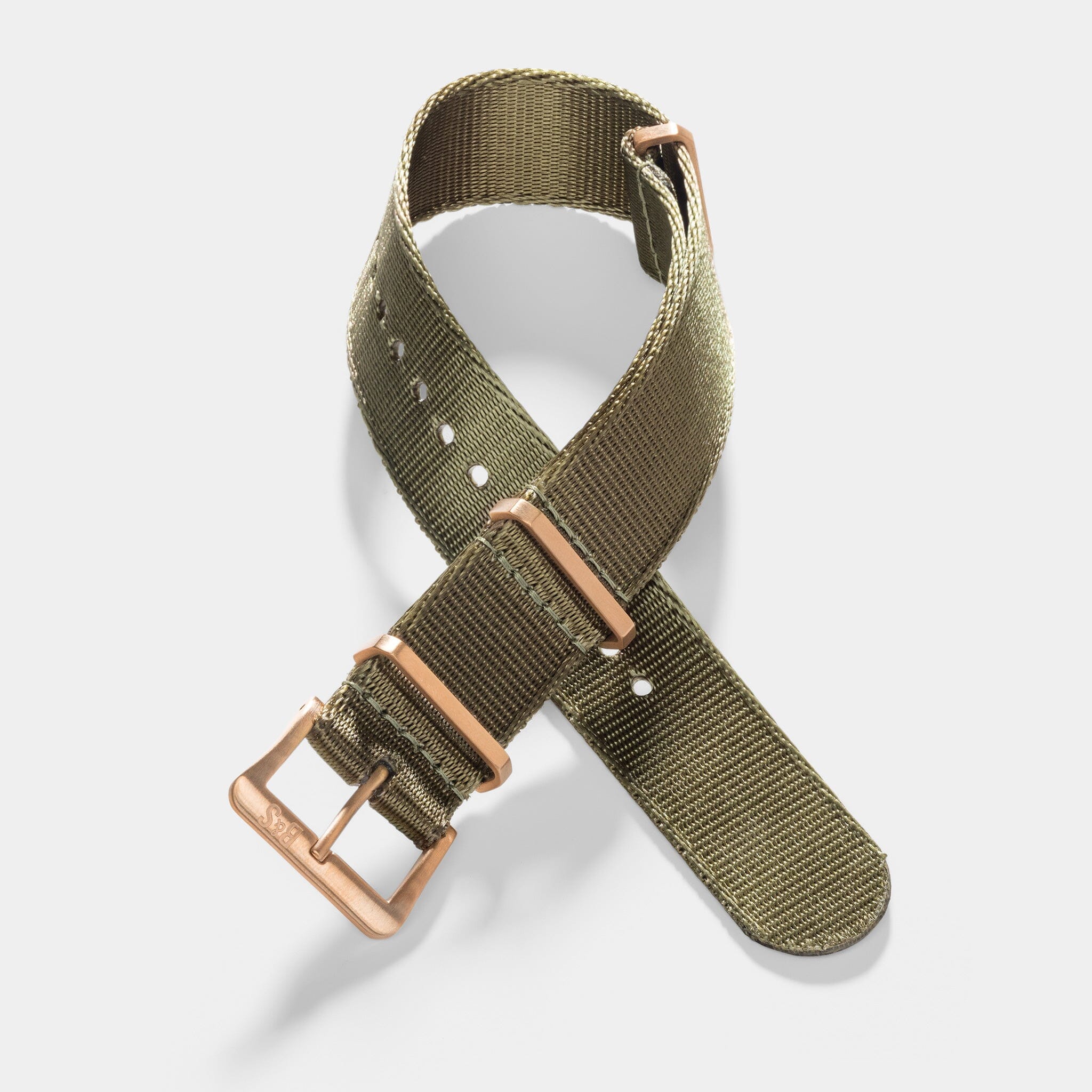Sample Sale - Deluxe Nylon Single Pass Watch Strap Olive Drab Green - Rose Gold Brushed - 22mm