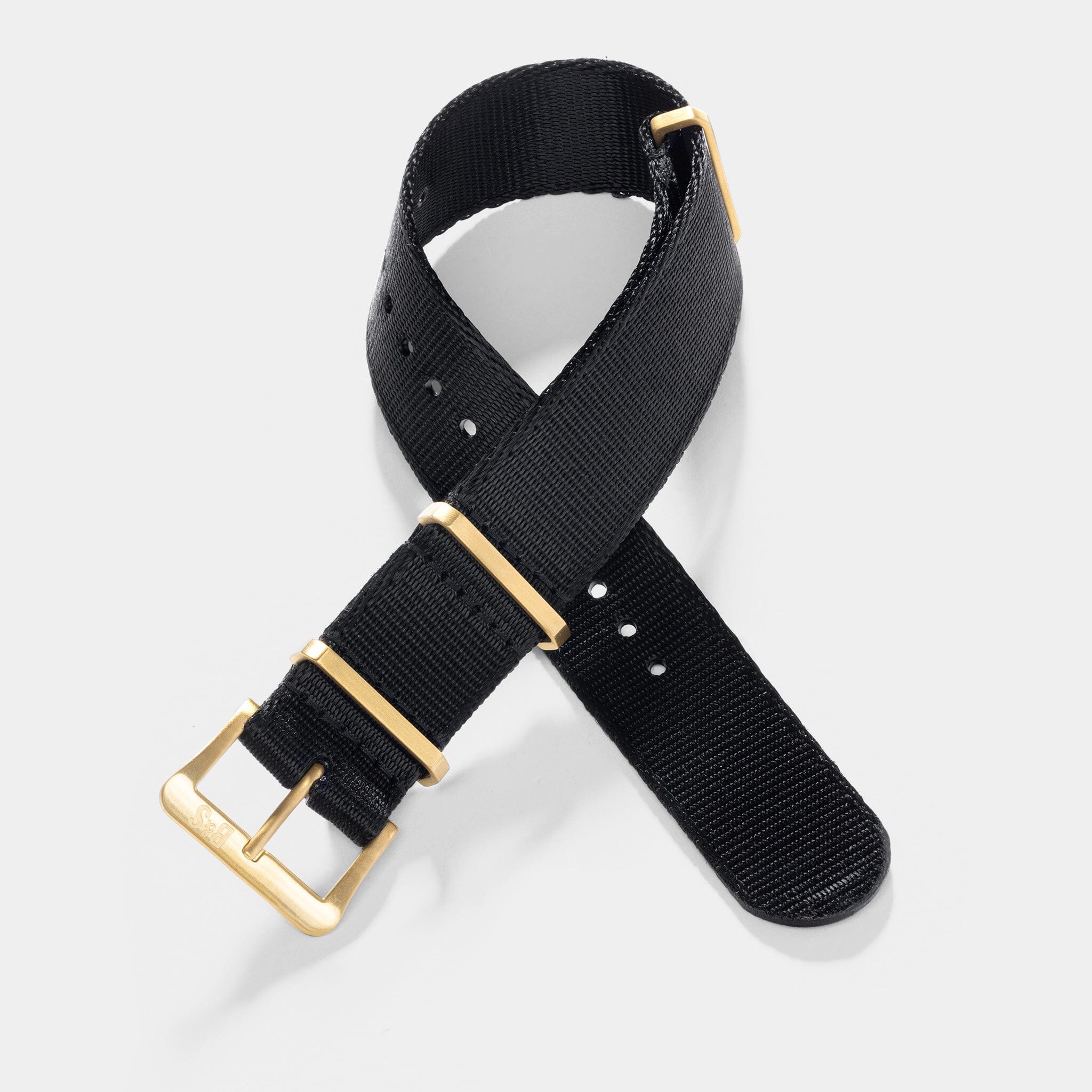 Sample Sale - Deluxe Nylon Single Pass Watch Strap Pure Black - Gold Brushed - 22mm