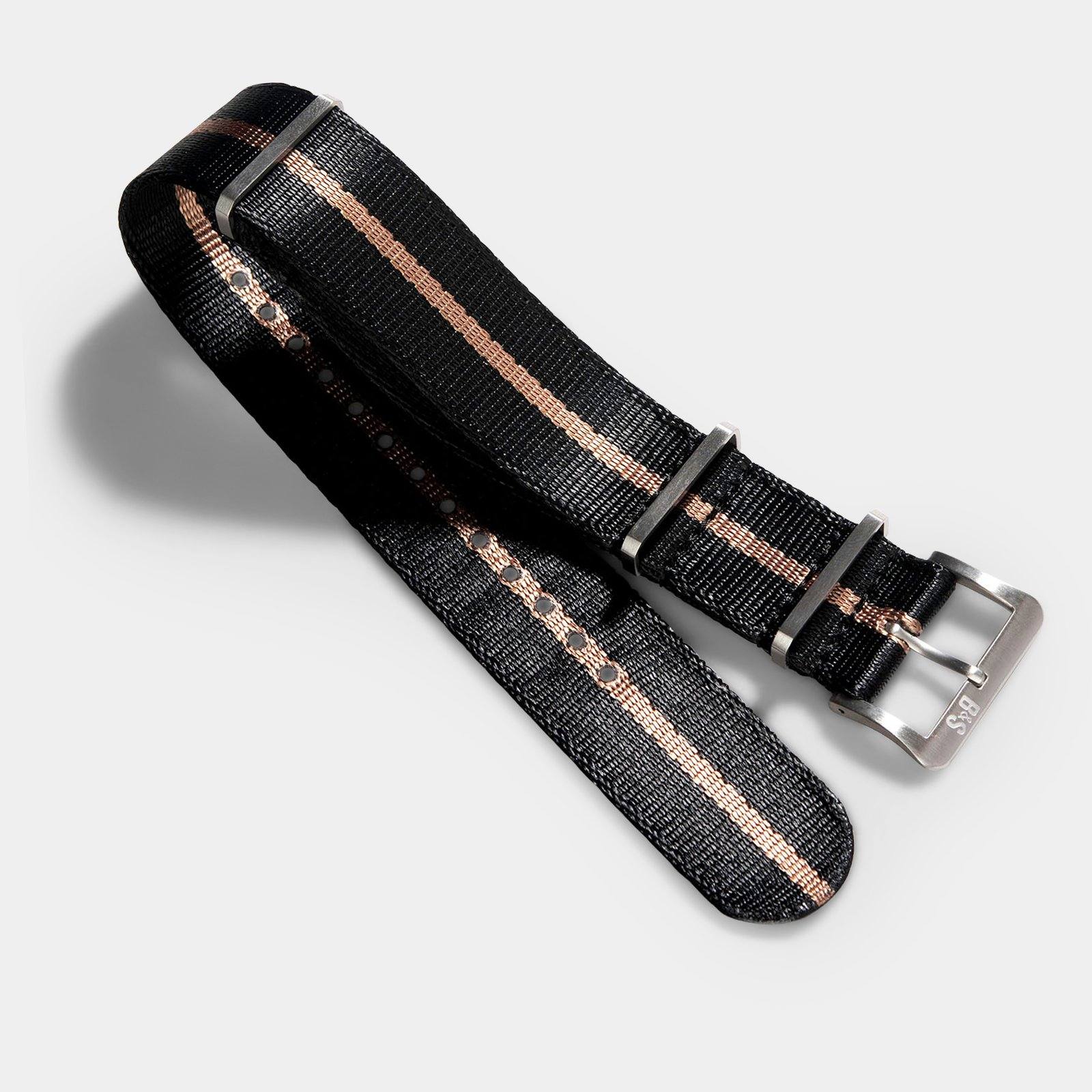 Deluxe Nylon Nato Horlogeband Zwart Brons Gestreept