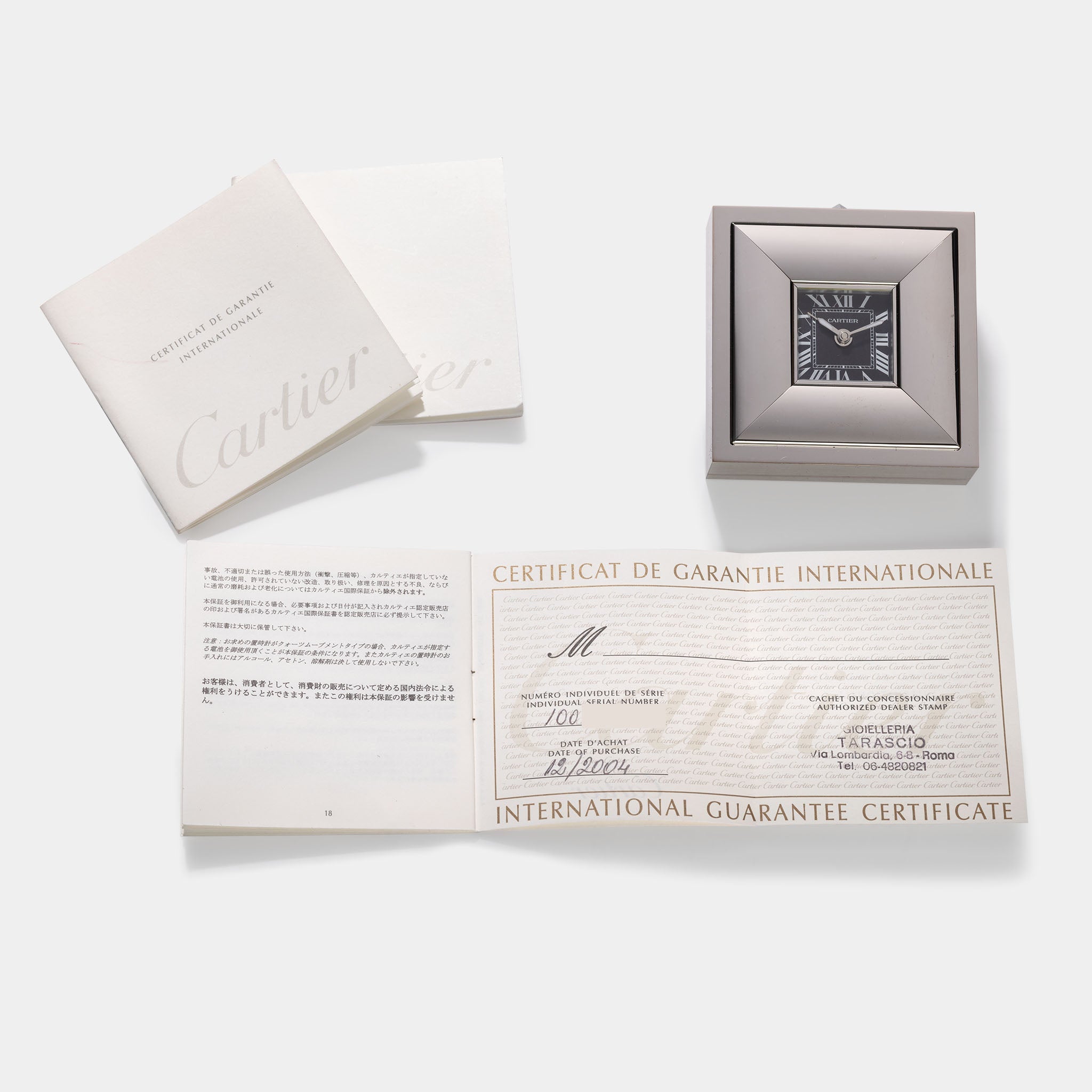 Cartier Travel / Desk Alarm Clock in Palladium -Chrome finish ref 2745 with Original Box and Guarantee Certificate