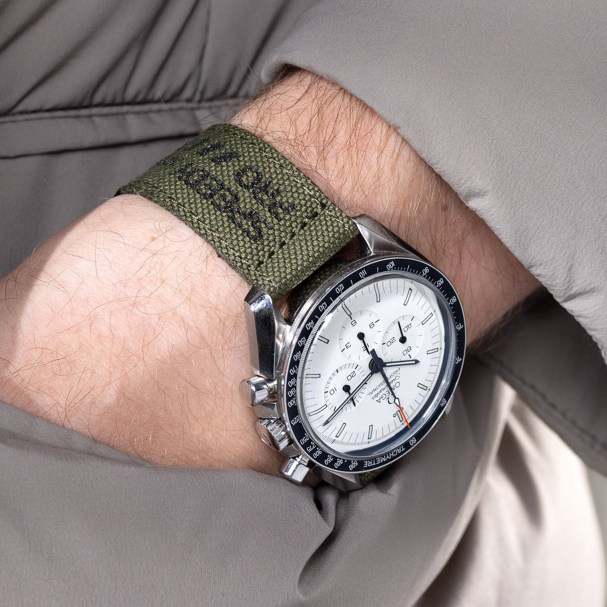 Horlogeband voor Omega Speedmaster Professional - Canvas Speedy Print in Olive, Taupe en Grijs