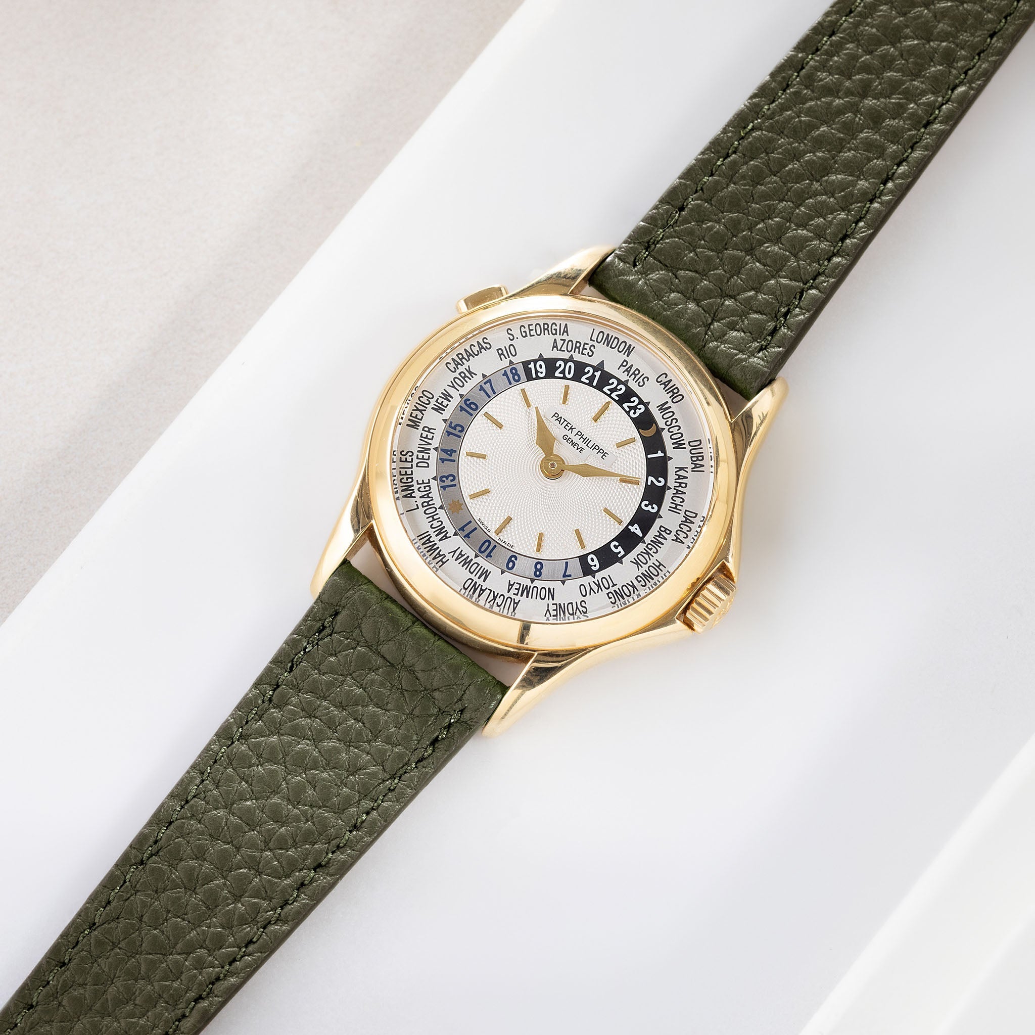 Grana Olive Tonal Leather Watch Strap On Patek Philippe 5110 World Time