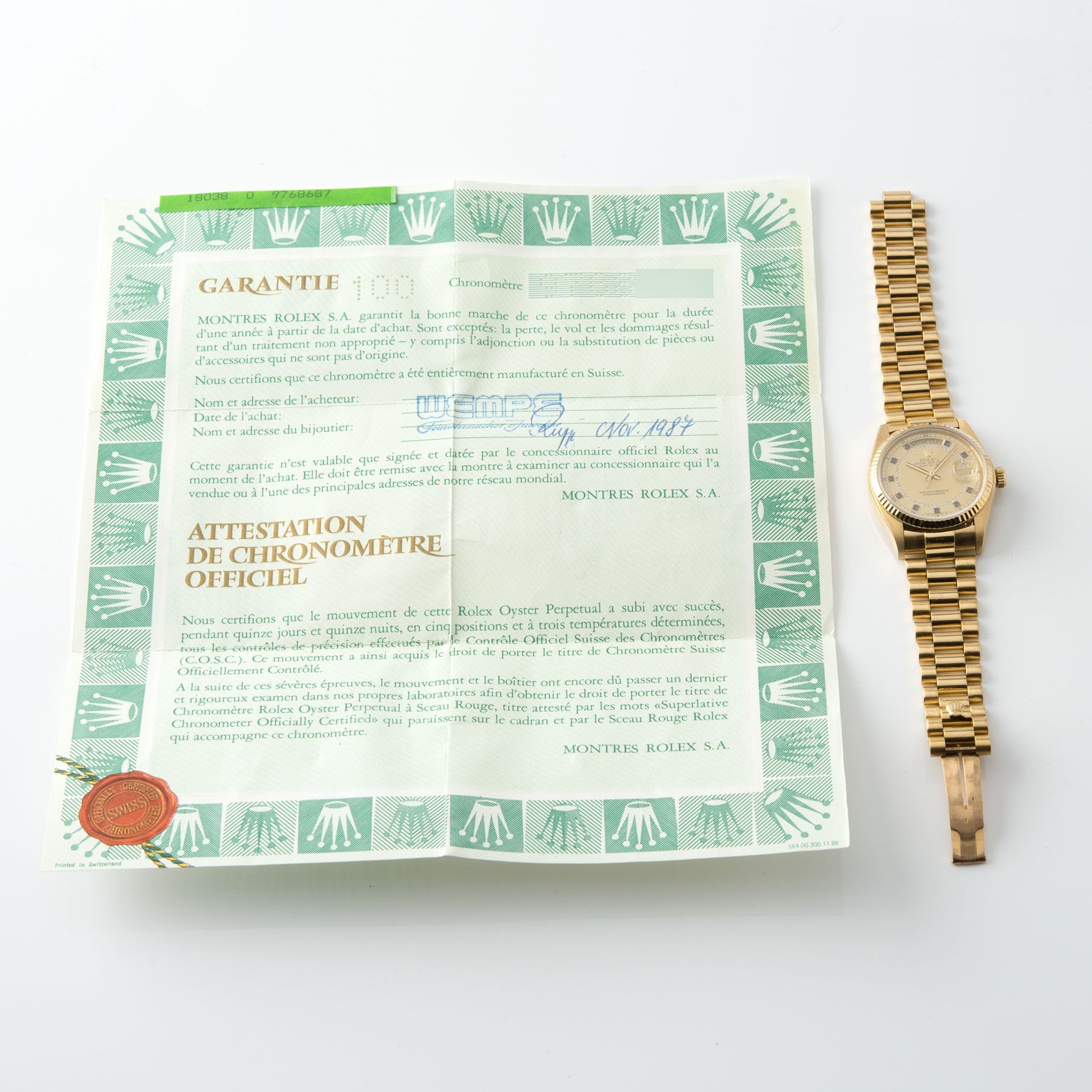 Rolex Day-Date Reference 18038 Blue Sapphire String Dial