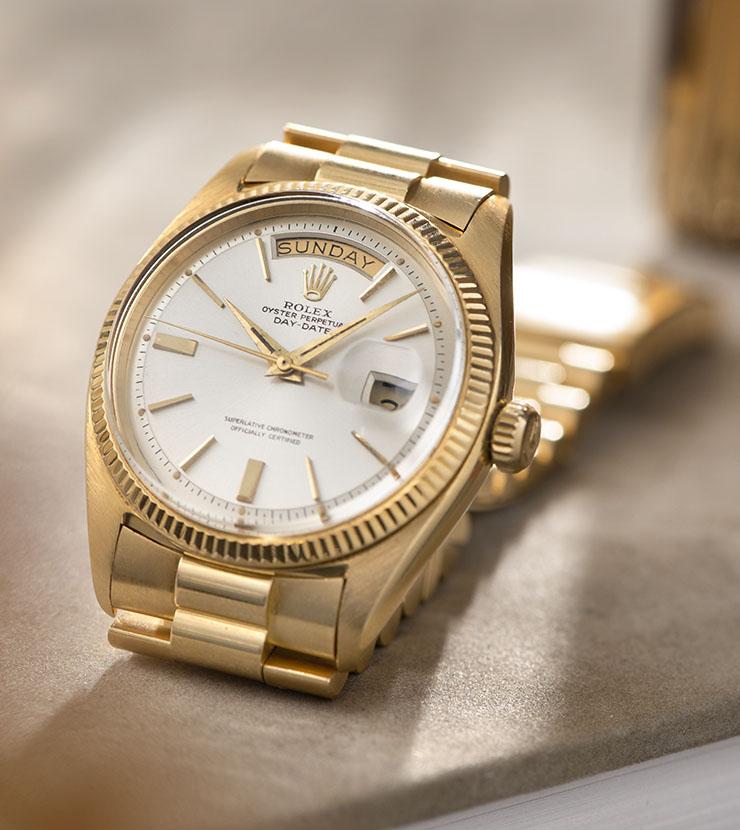 Rolex Day-Date Silver sunburst Swiss Only Dial Yellow Gold 1803