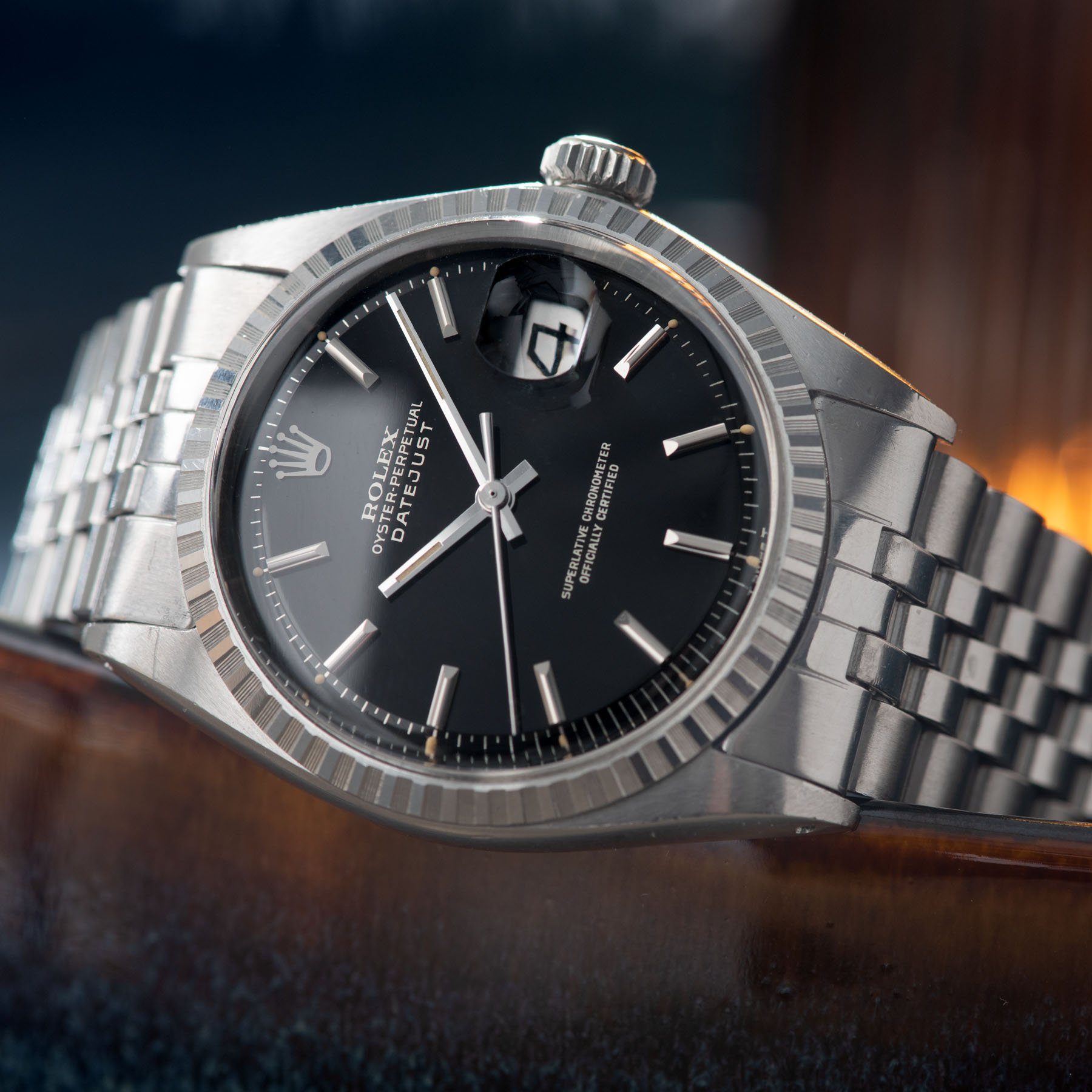 Rolex Datejust Black vertical Brushed Gilt Dial 1603 Full Set