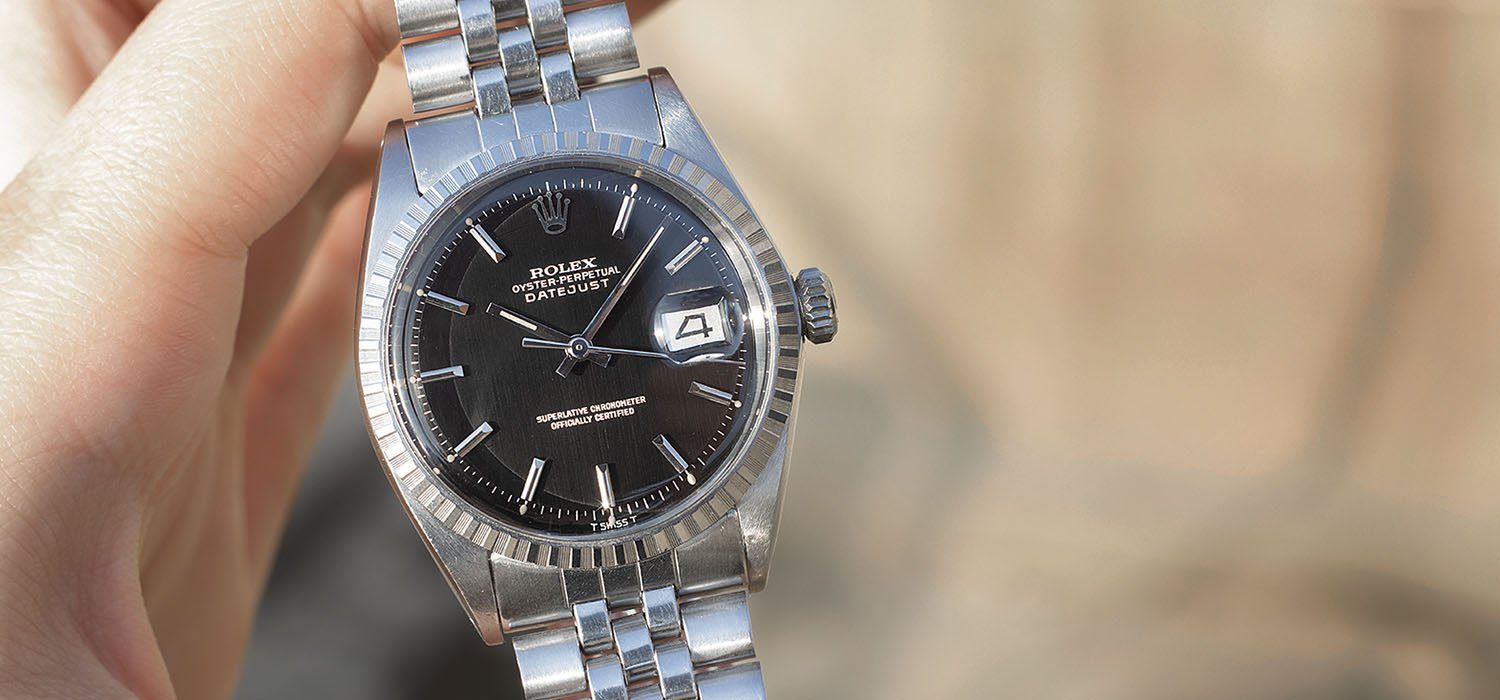 Rolex Datejust Black vertical Brushed Gilt Dial 1603 Full Set