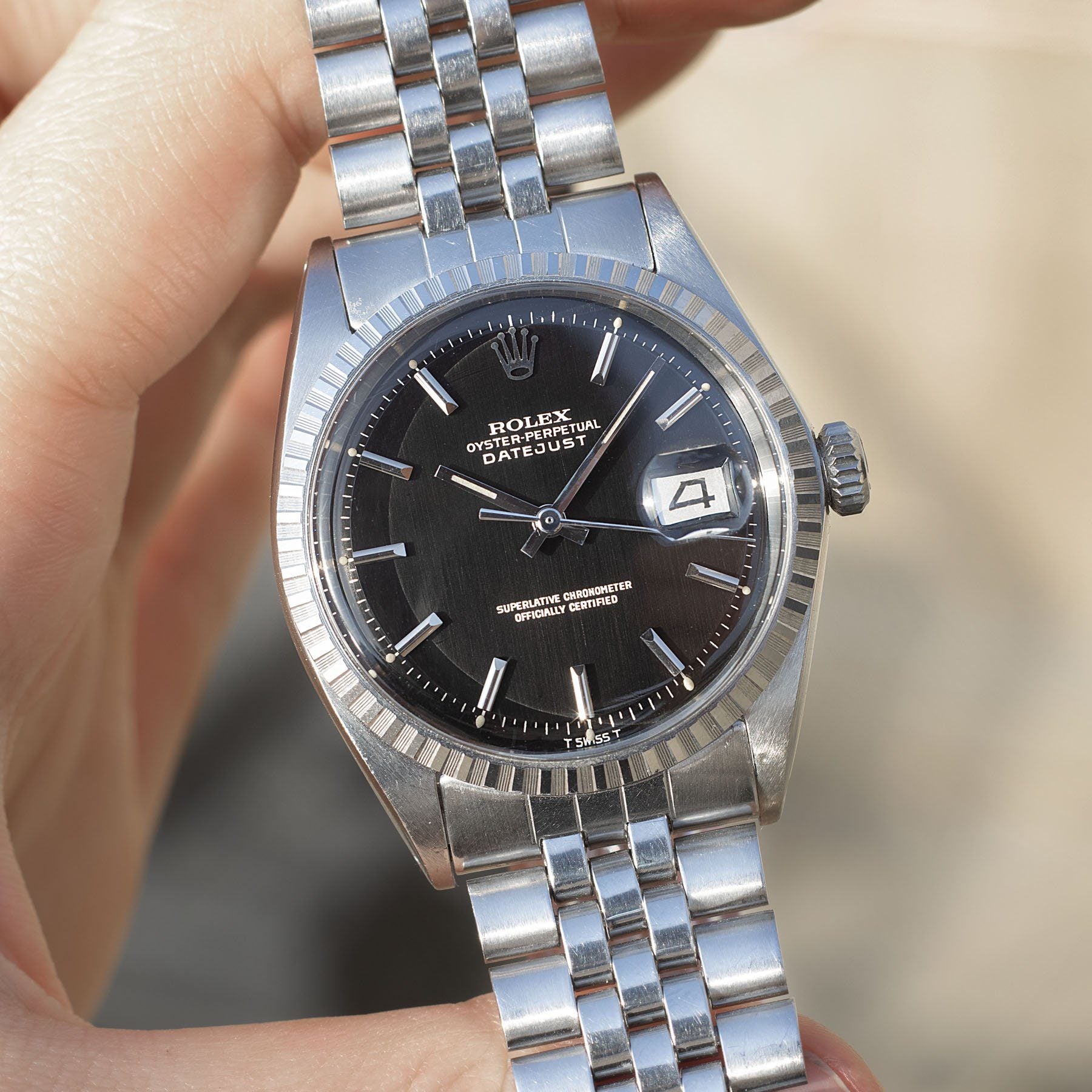 Rolex Datejust Black vertical Brushed Gilt Dial 1603 Full Set