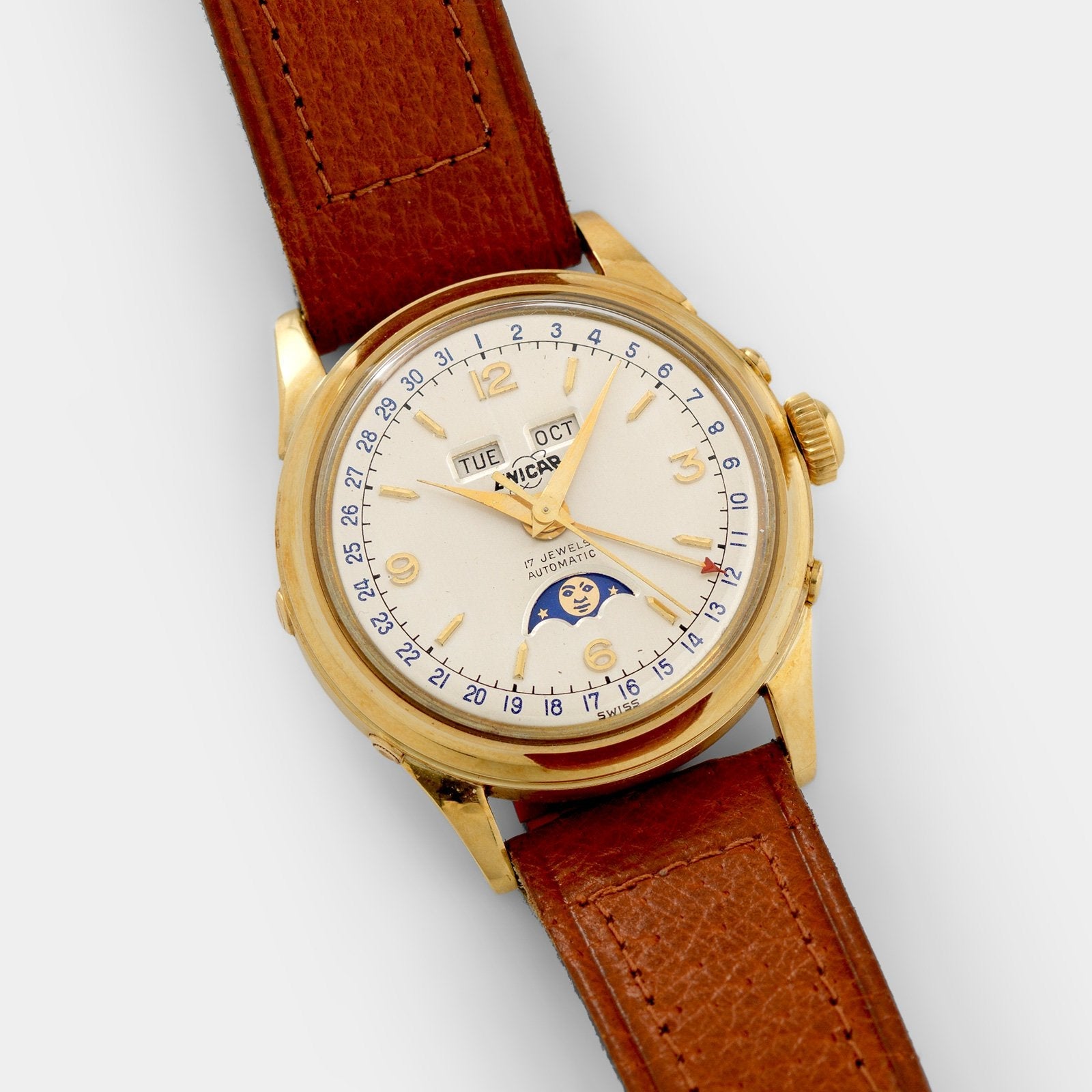 Enicar Triple Calendar Moonphase Yellow Gold Dress Watch