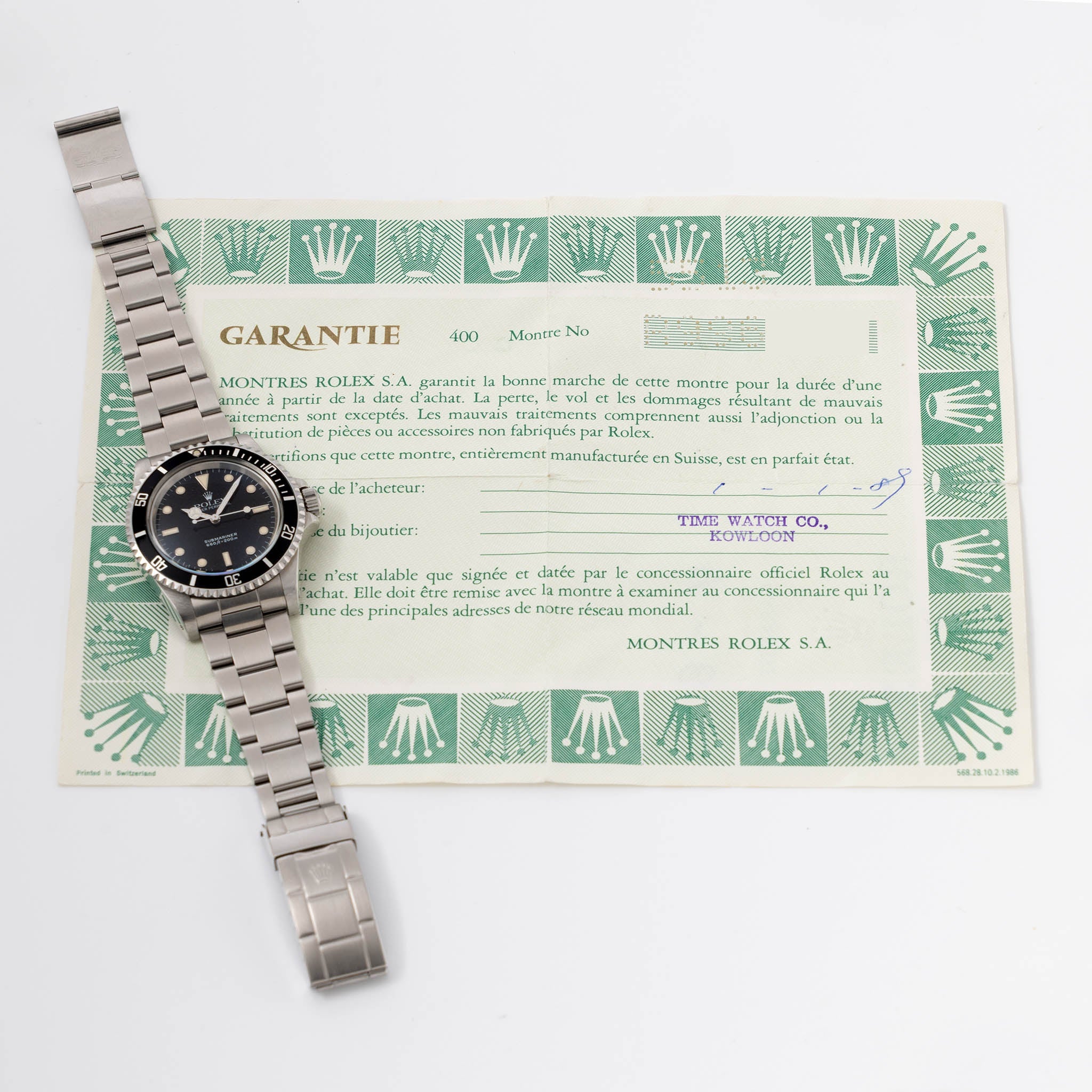 Rolex Submariner 5513 White Gold Hour Markers Punched Papers
