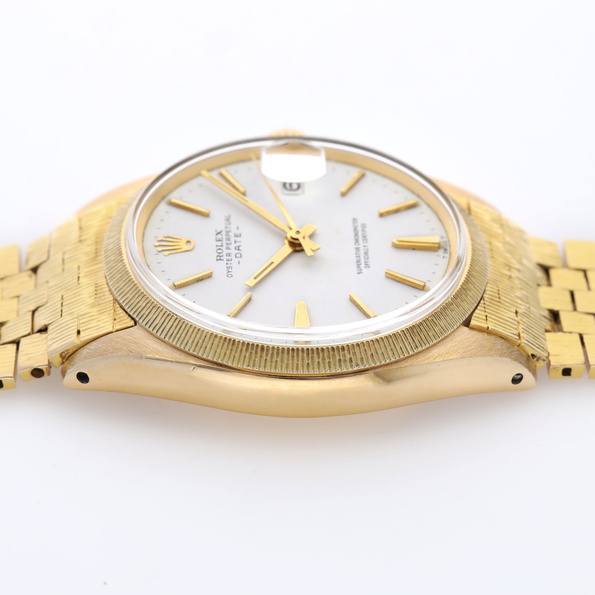 Rolex Date 1507 Bark Yellow Gold Rare Bezel and Brick Link Bracelet