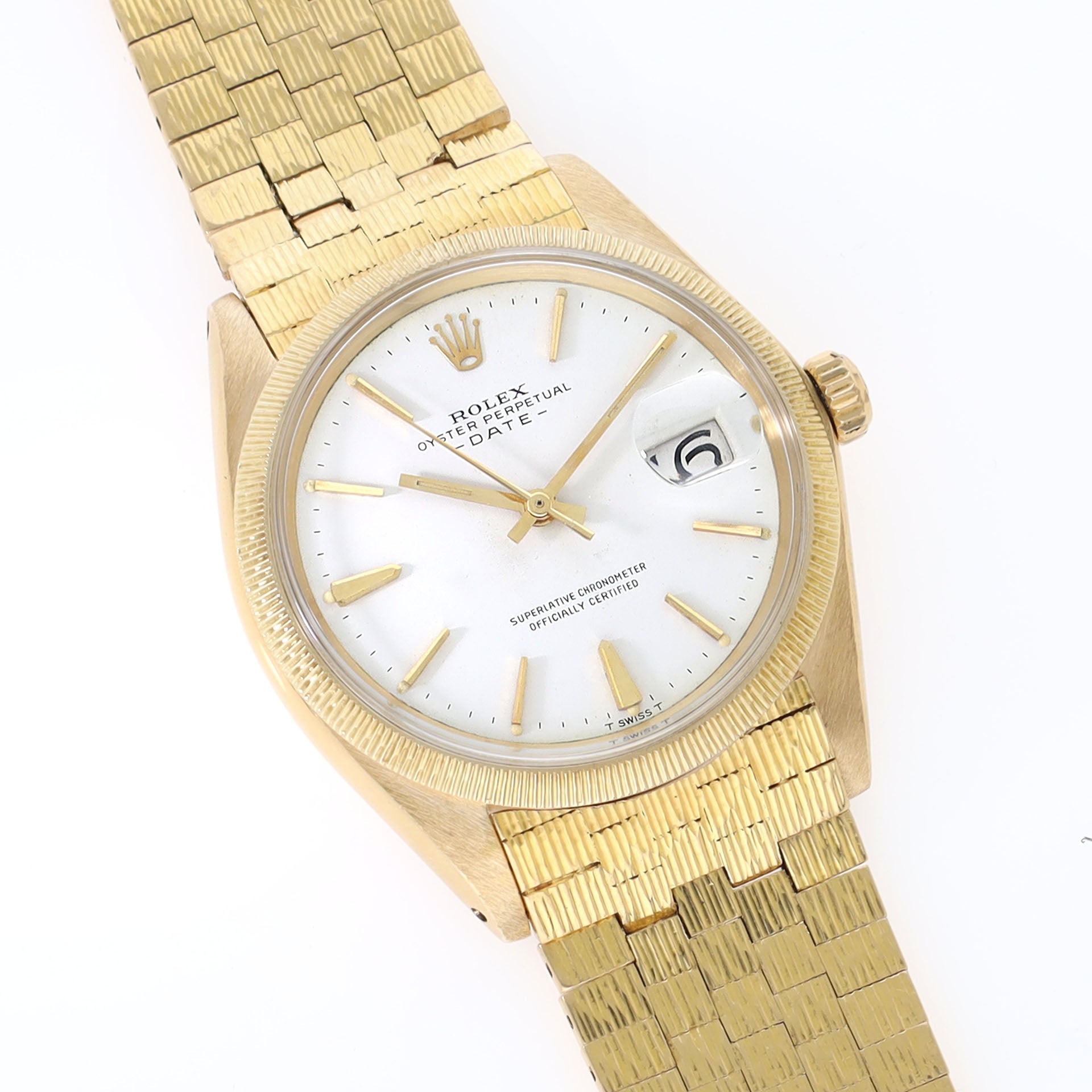 Rolex Date 1507 Bark Yellow Gold Rare Bezel and Brick Link Bracelet