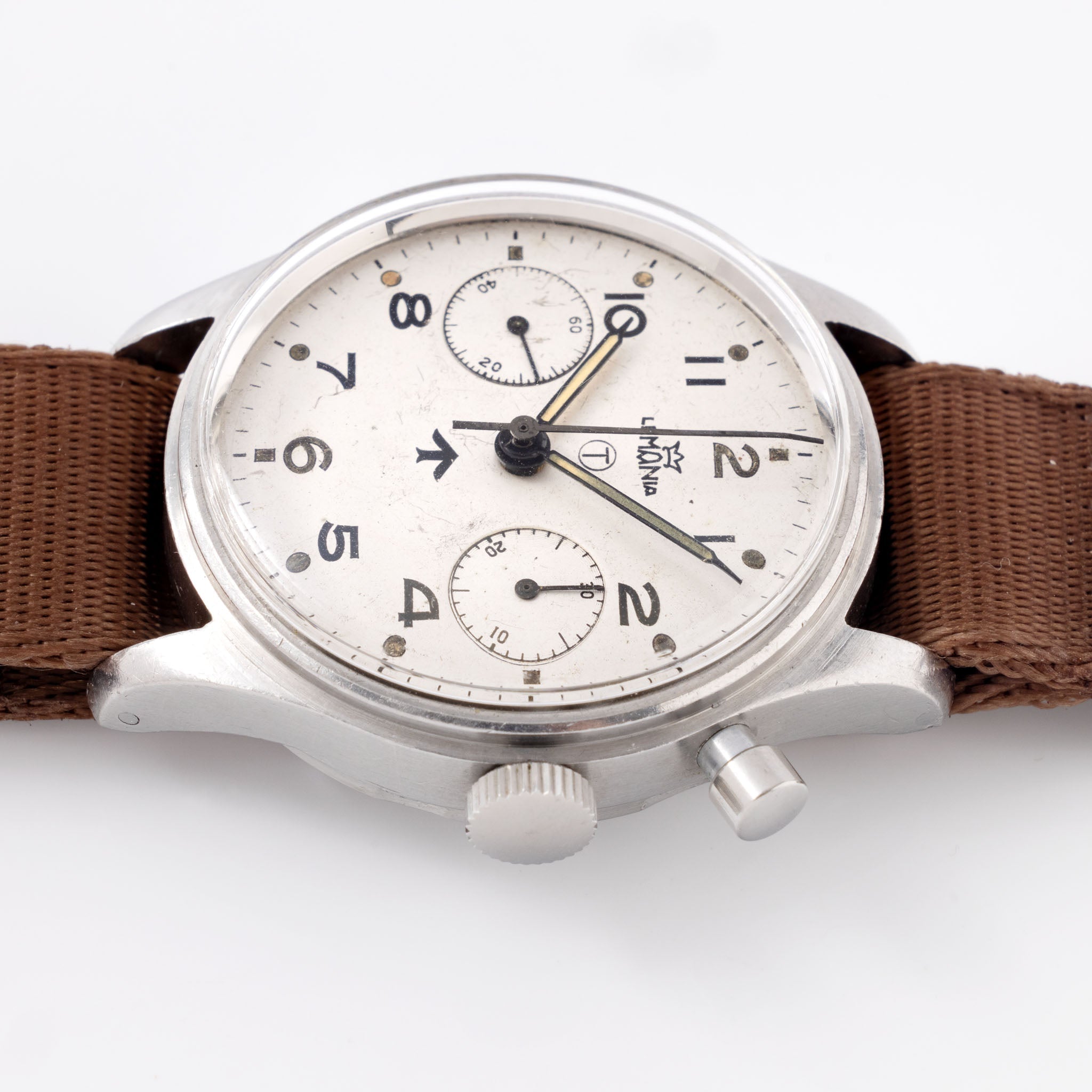 Lemania Monopusher Military Chronograph silver dial 15CHT