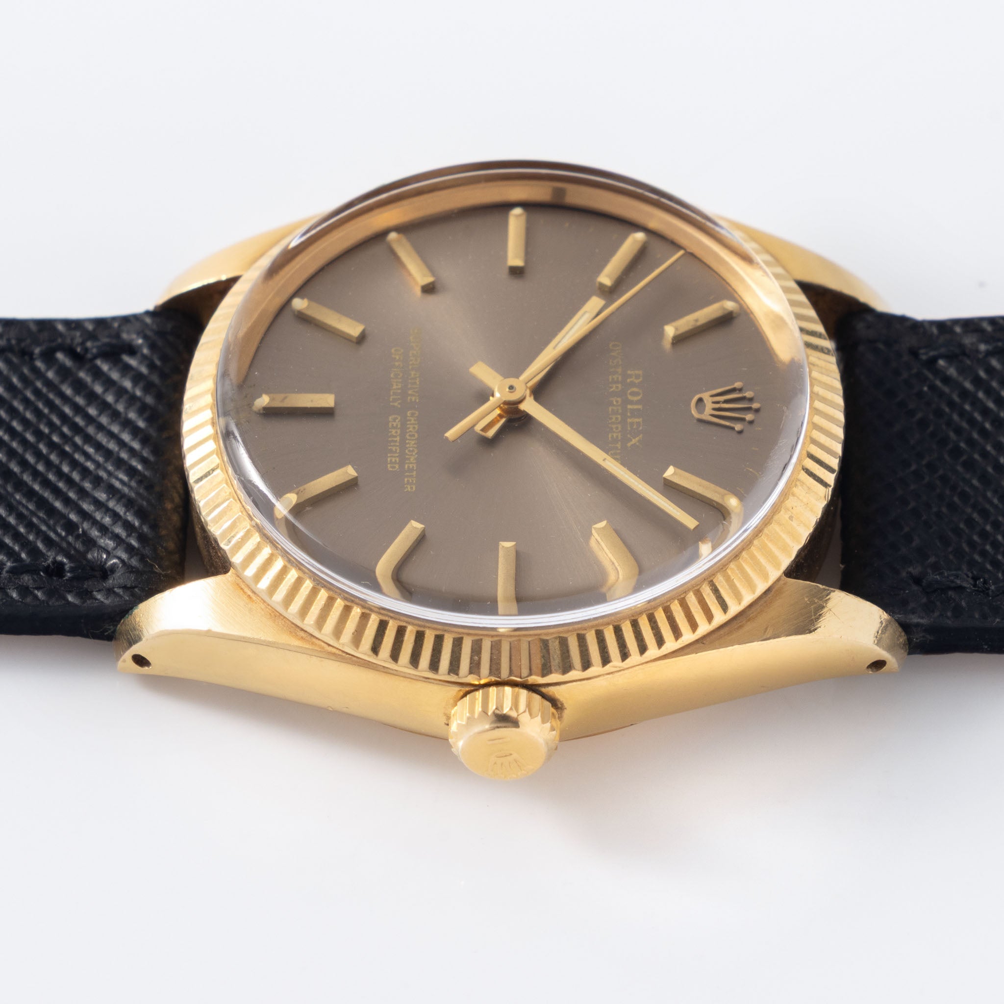 Rolex Oyster Perpetual Grey Dial in 18K Yellow Gold Ref. 1005 Box and Paper Set