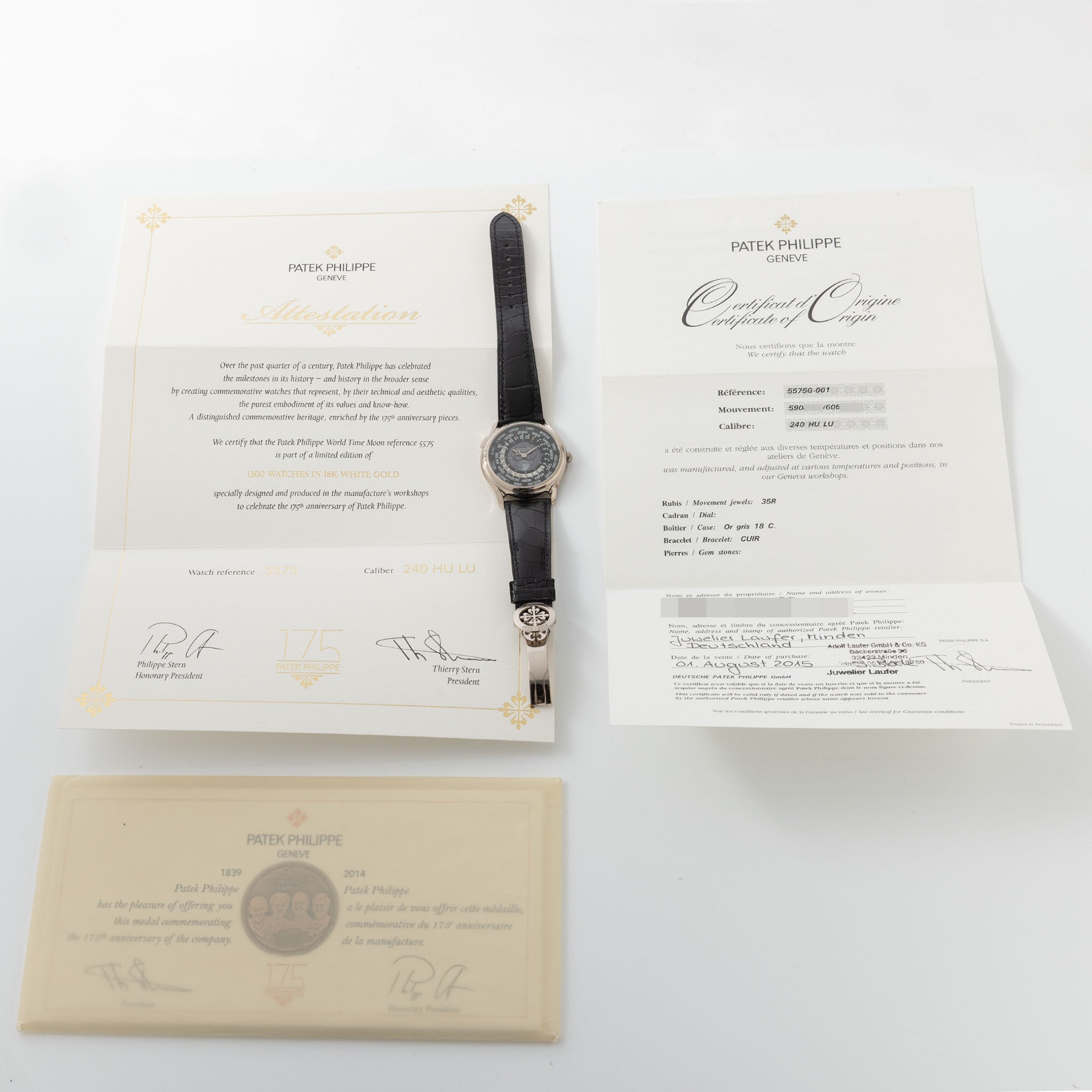 Patek Philippe World Time Moonphase 5575G "175th Anniversary" in 18k White Gold full set