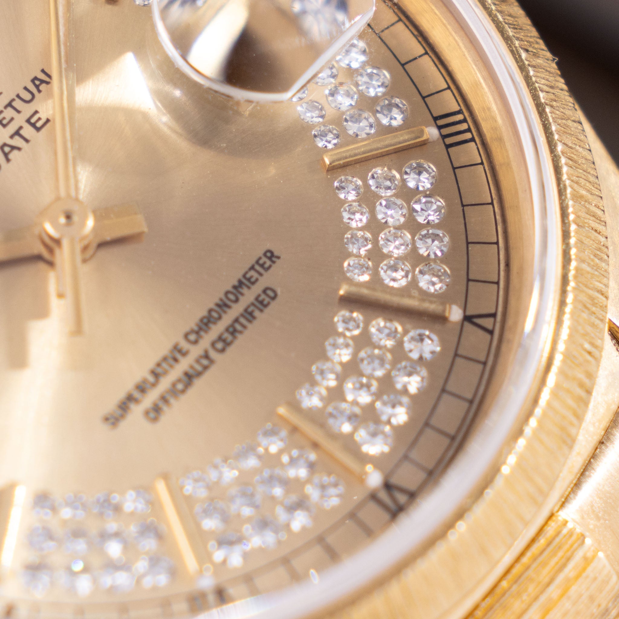 Rolex Day-Date Ref. 18078 Champagne String Diamond Dial with Bark Finish in 18k Yellow Gold