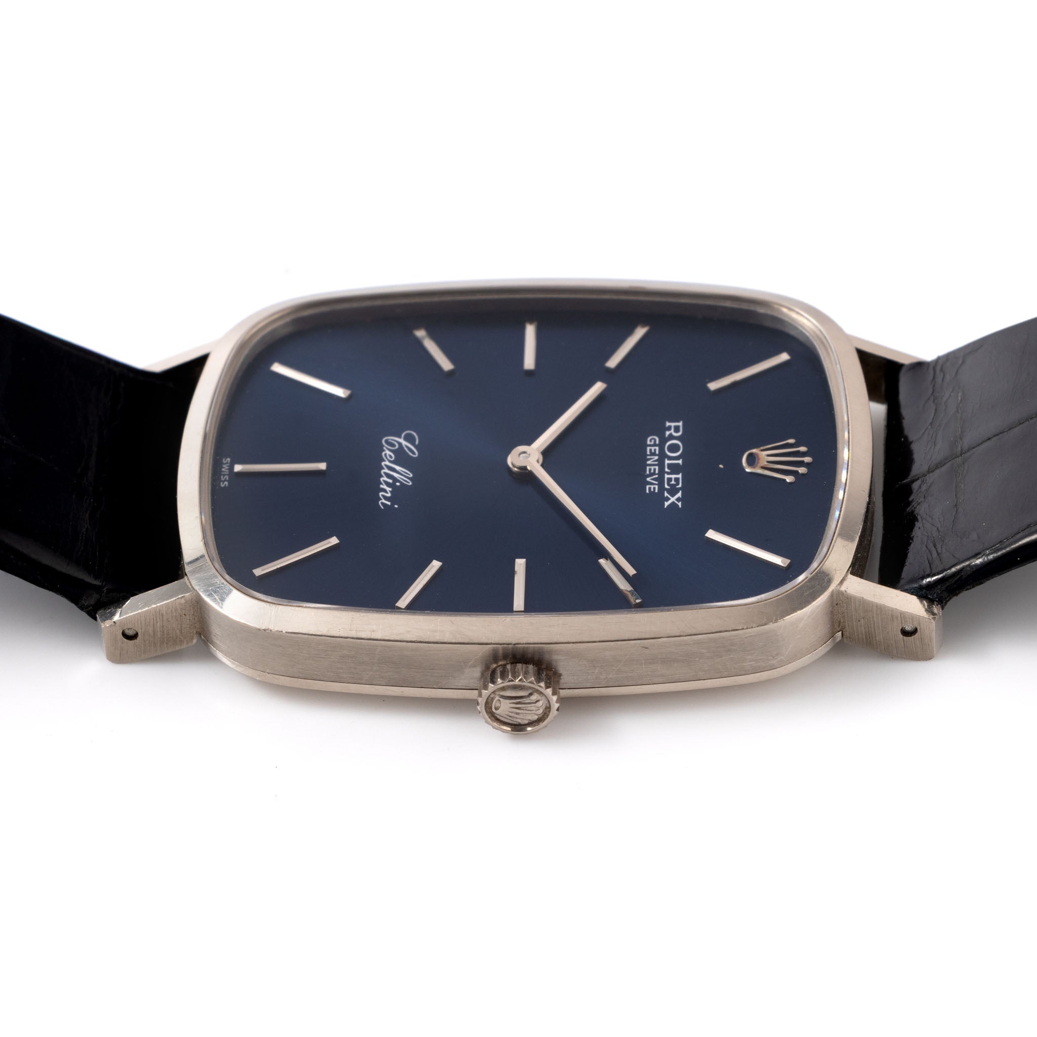 Rolex Cellini Blue Dial Rectangular Case in 18K White Gold Ref. 4113 Box and Paper Set