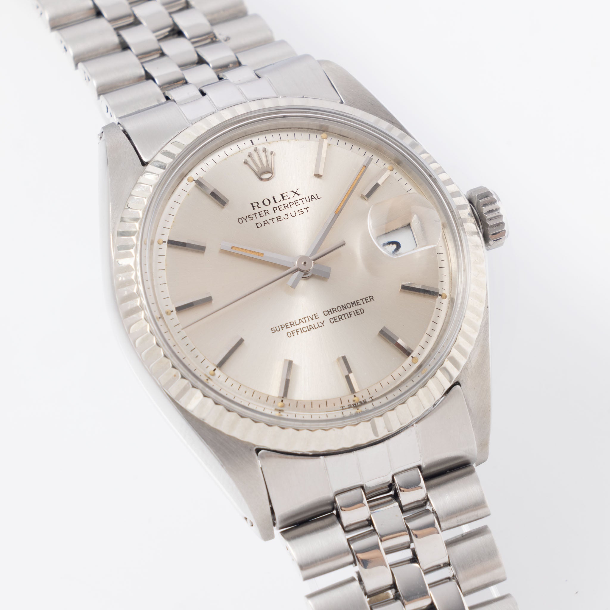 Rolex Datejust 1601 Silver Soleil Dial with Original Punched Paper and Rolex Service Card