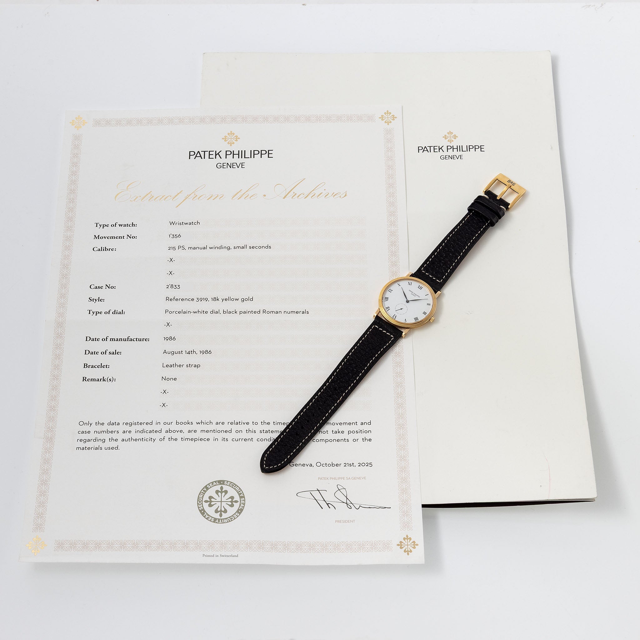 Patek Calatrava Porcelain dial , Clous de Paris 18k yellow gold case with extract from the archives ref 3919