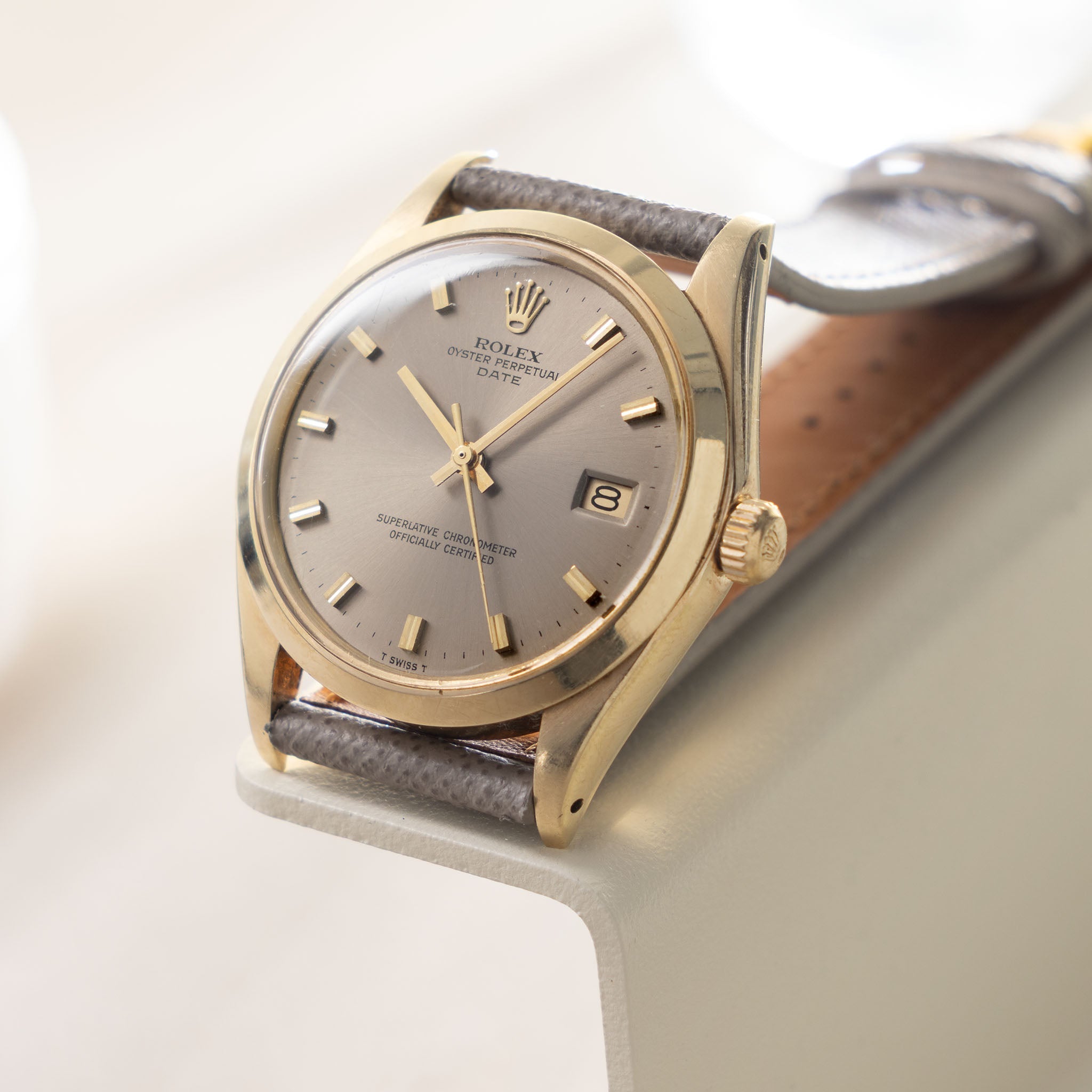 Rolex Oyster Perpetual Date 1500 Taupe Singer Proto/Test Dial in 14k Yellow Gold