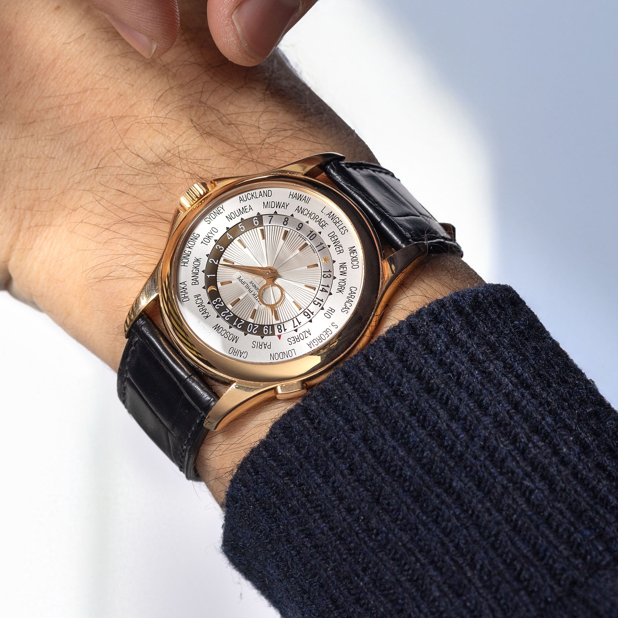 Patek Philippe World Time ref 5130R Guilloché Dial in 18k Rose Gold with Box and Papers