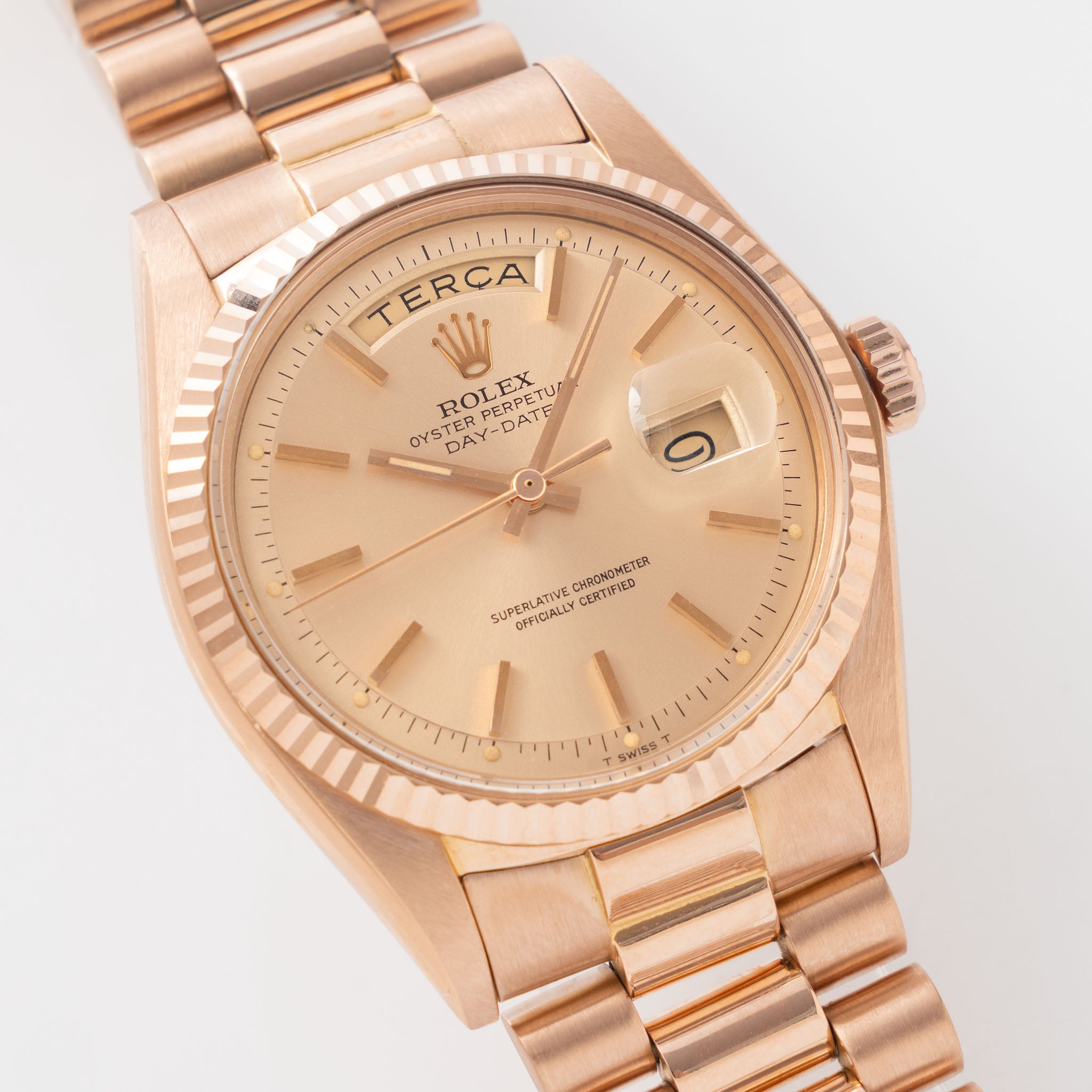 Rolex Day-Date 1803 in 18k Rose Gold Pink-on-Pink Gay Frères Bracelet Portuguese Disc