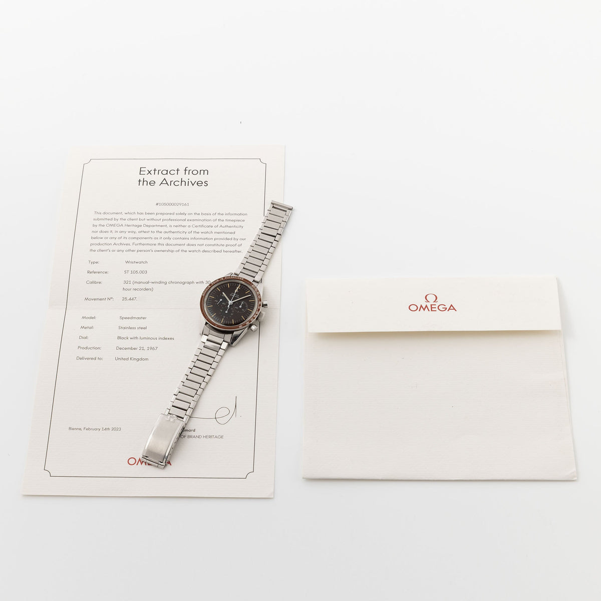 Omega Speedmaster 105.003 Ed White Tropical Brown Dial Pulsations Bezel with Extract of the Archives