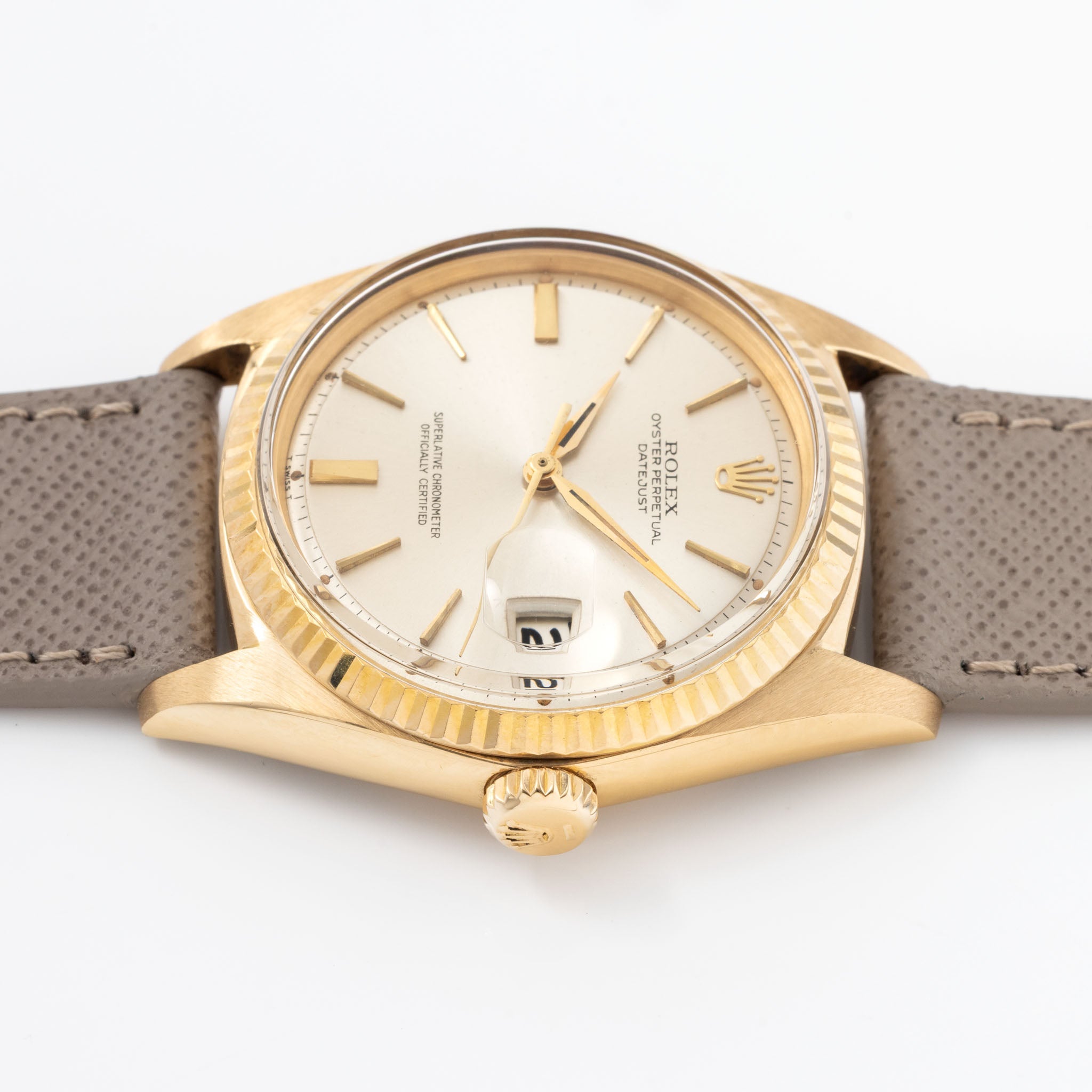 Rolex Datejust 1601/8 Doorstop Silver Soleil Dial in 18k Yellow Gold