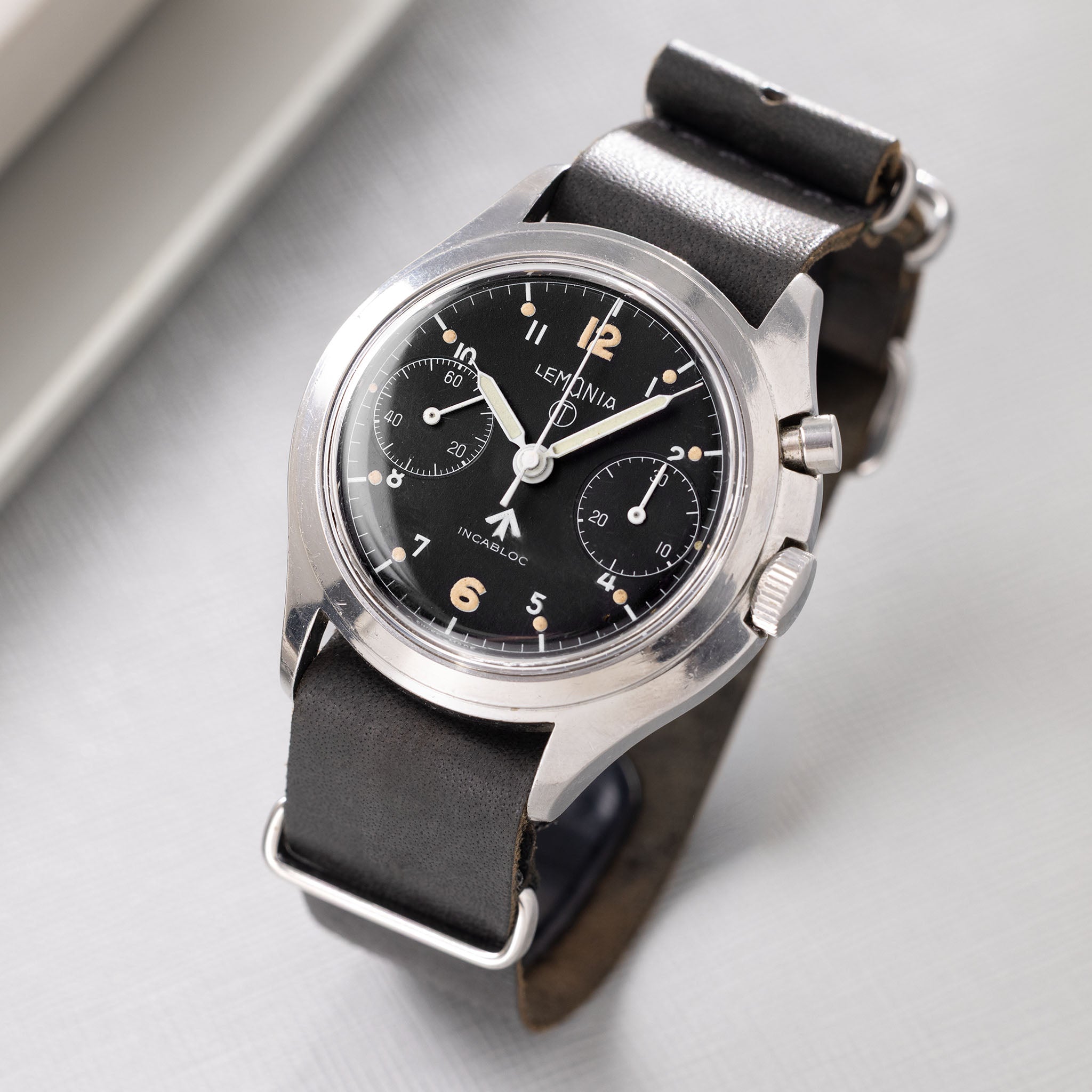 Lemania Monopusher Chronograph 6BB Asymmetric Case Military Chronograph Black Dial issued to the Royal Air Force