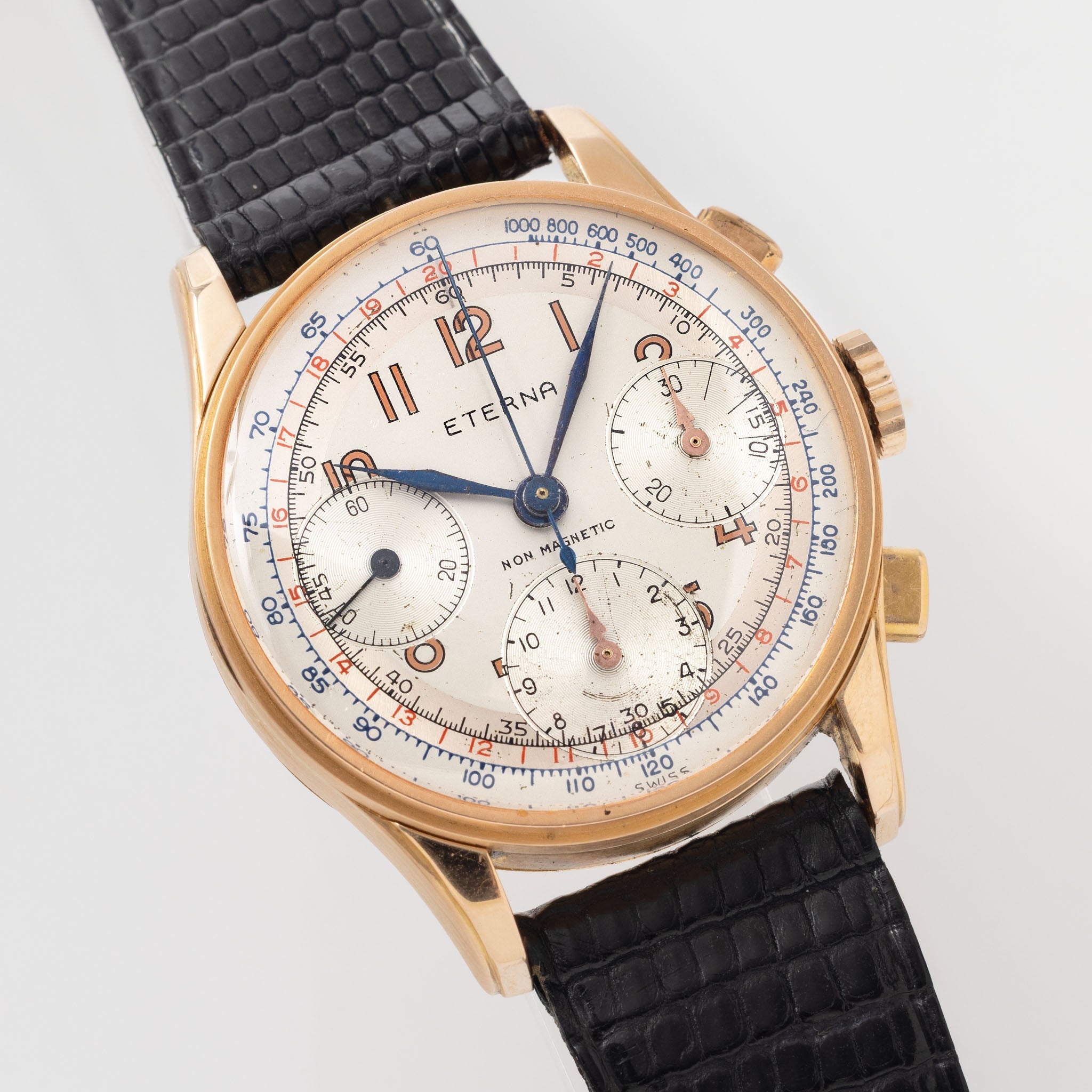 Eterna Three-Register 18k Rose Gold Chronograph Silver dial