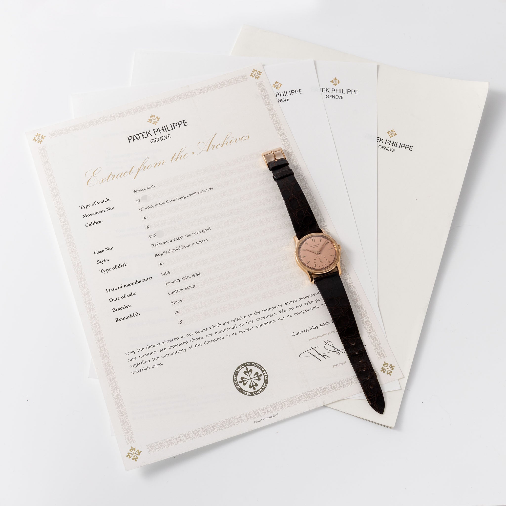 Patek Philippe Calatrava "pink on pink " ref 2450 in 18 k rose gold with extract of archives