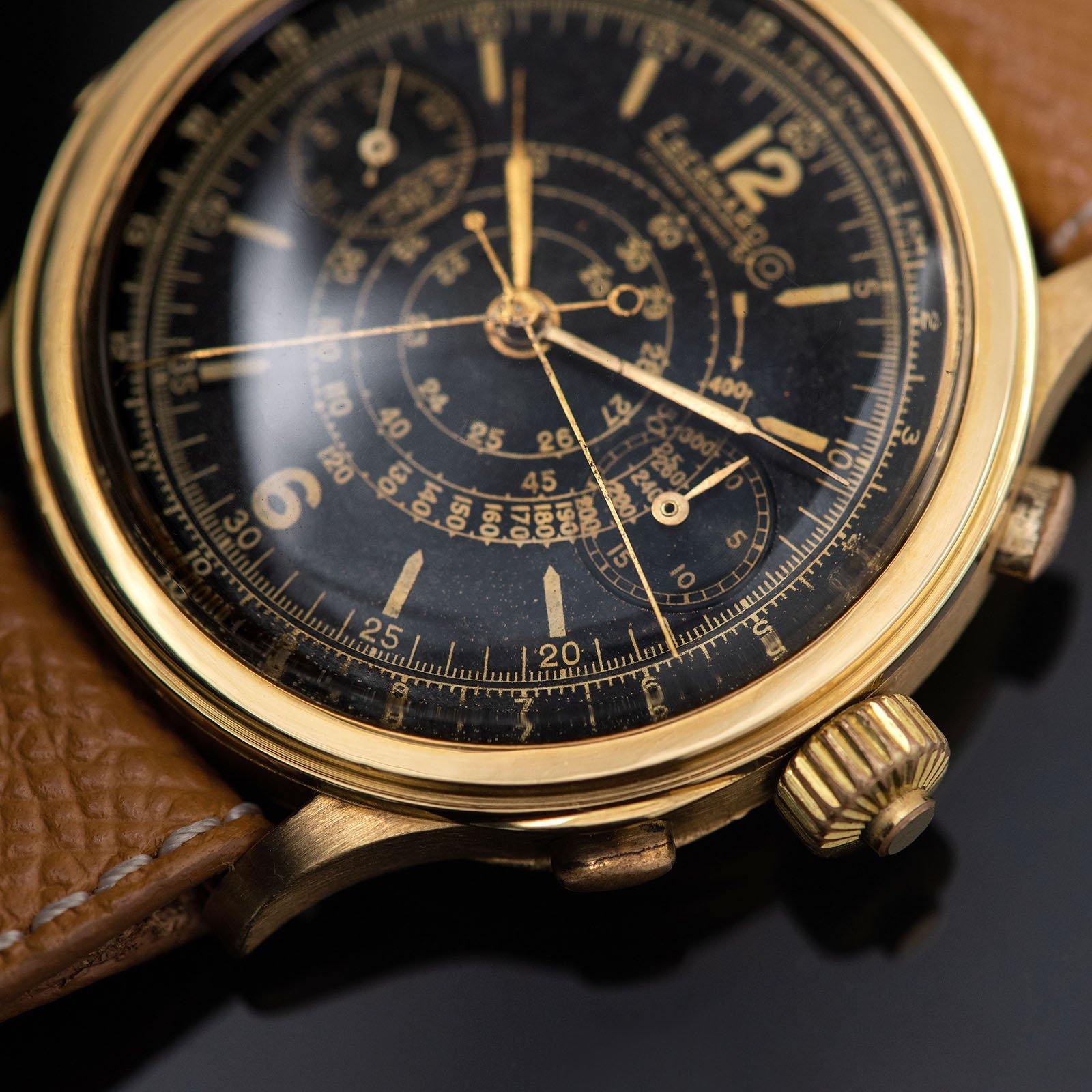 Eberhard Split Seconds Chronograph Yellow Gold Case Gilt Dial