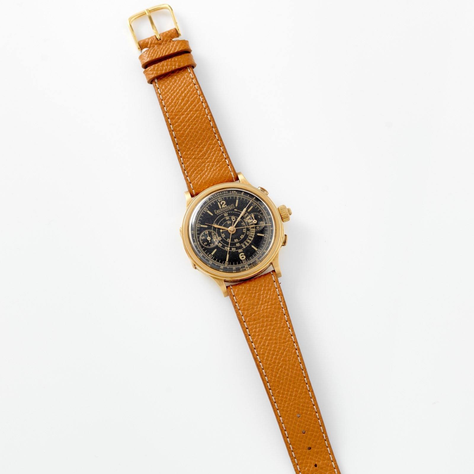 Eberhard Split Seconds Chronograph Yellow Gold Case Gilt Dial