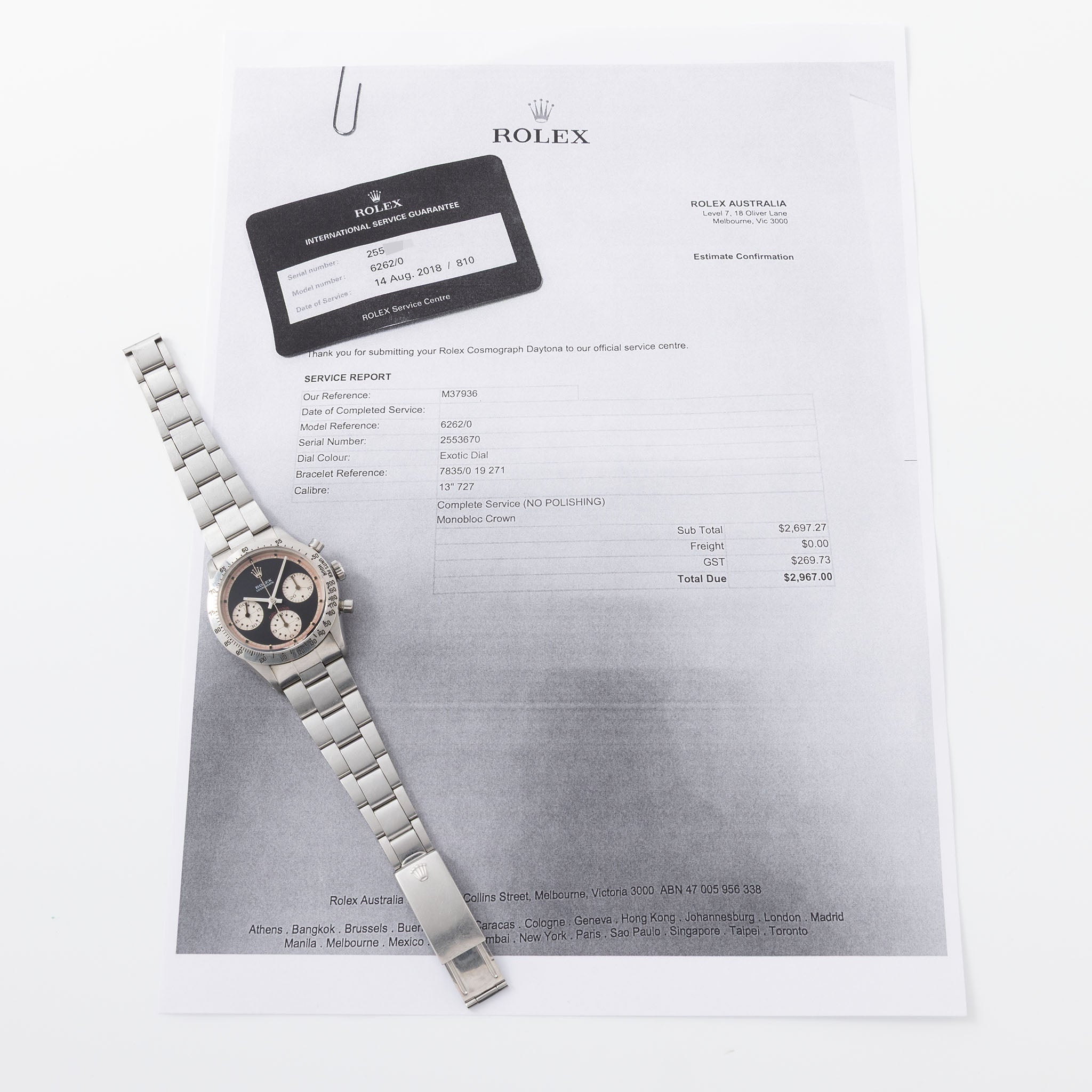 Rolex Cosmograph Daytona 6262 Black Tri-Color Paul Newman dial with Rolex service paper