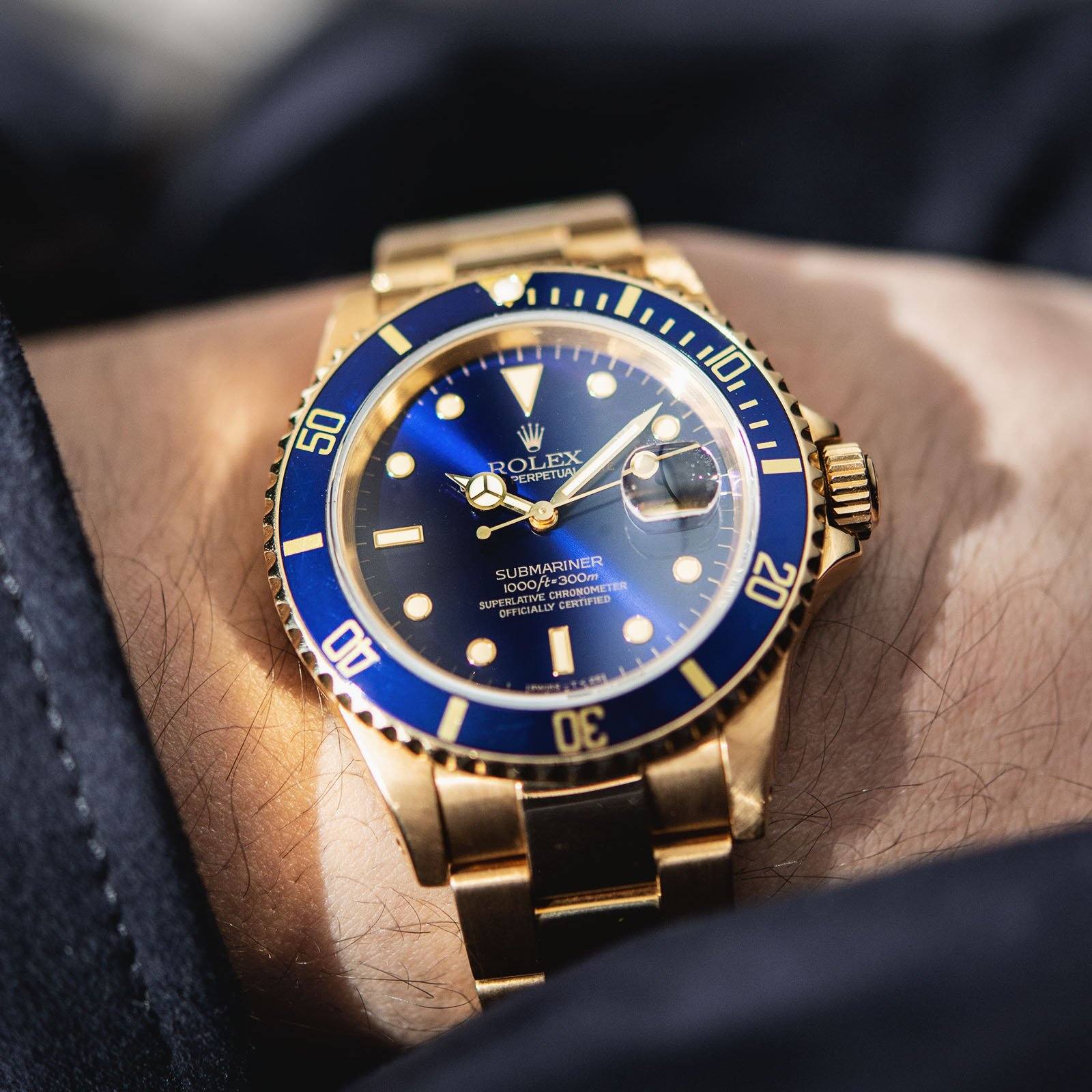 Rolex Submariner Date Purple Dial Yellow Gold 16618 Box and Papers
