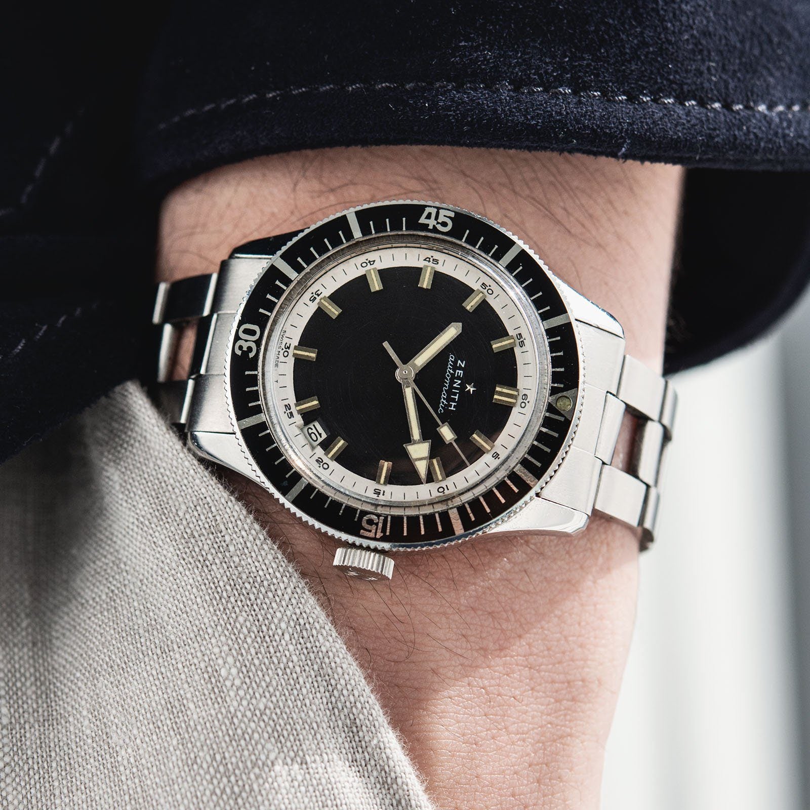 Zenith Diver Black Dial ref A3630 on Gay Frères Ladder Bracelet