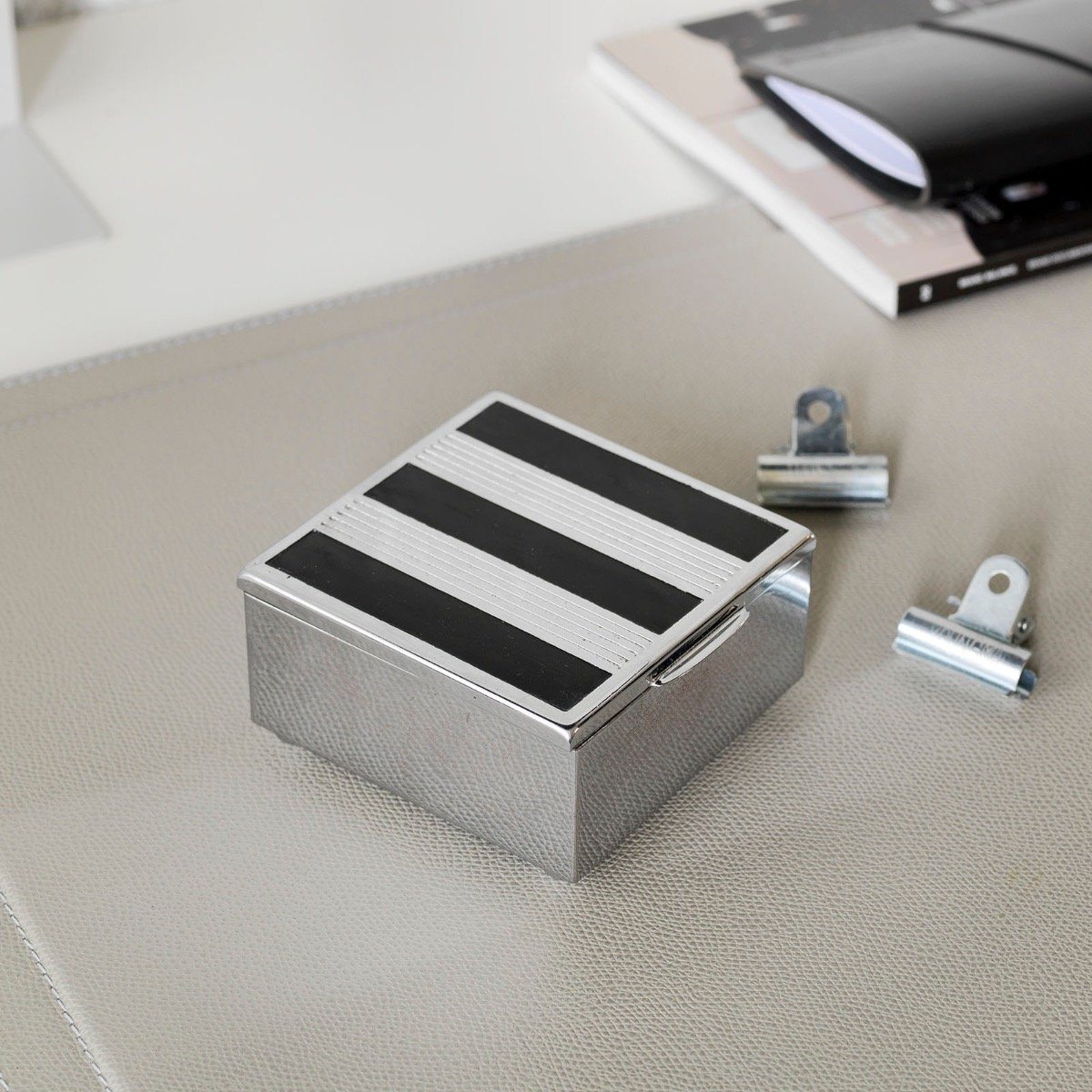 Vintage Art Deco Black Laquered Chrome and Wood Desk Box