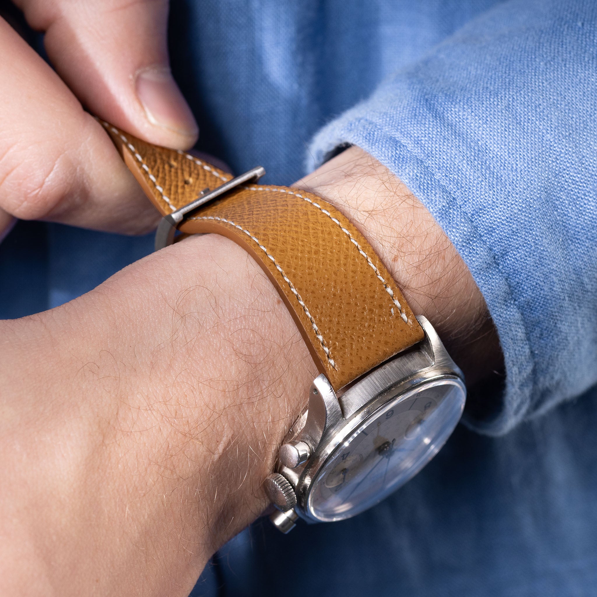 Epsom_Brown_Leather_Watch_Strap_For_Vintage_Steel_Lemania_Chronograph