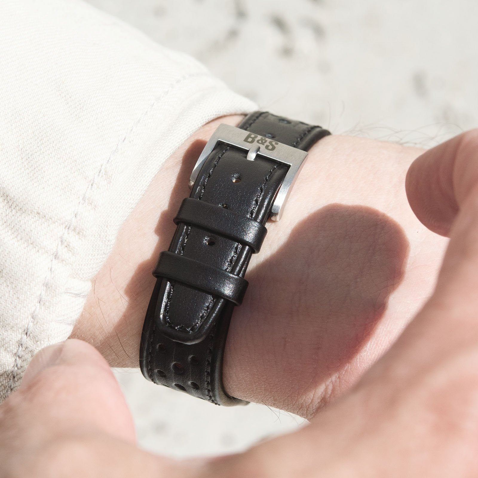Racing Zwart Speedy Leren Horlogeband - Lengte Lang