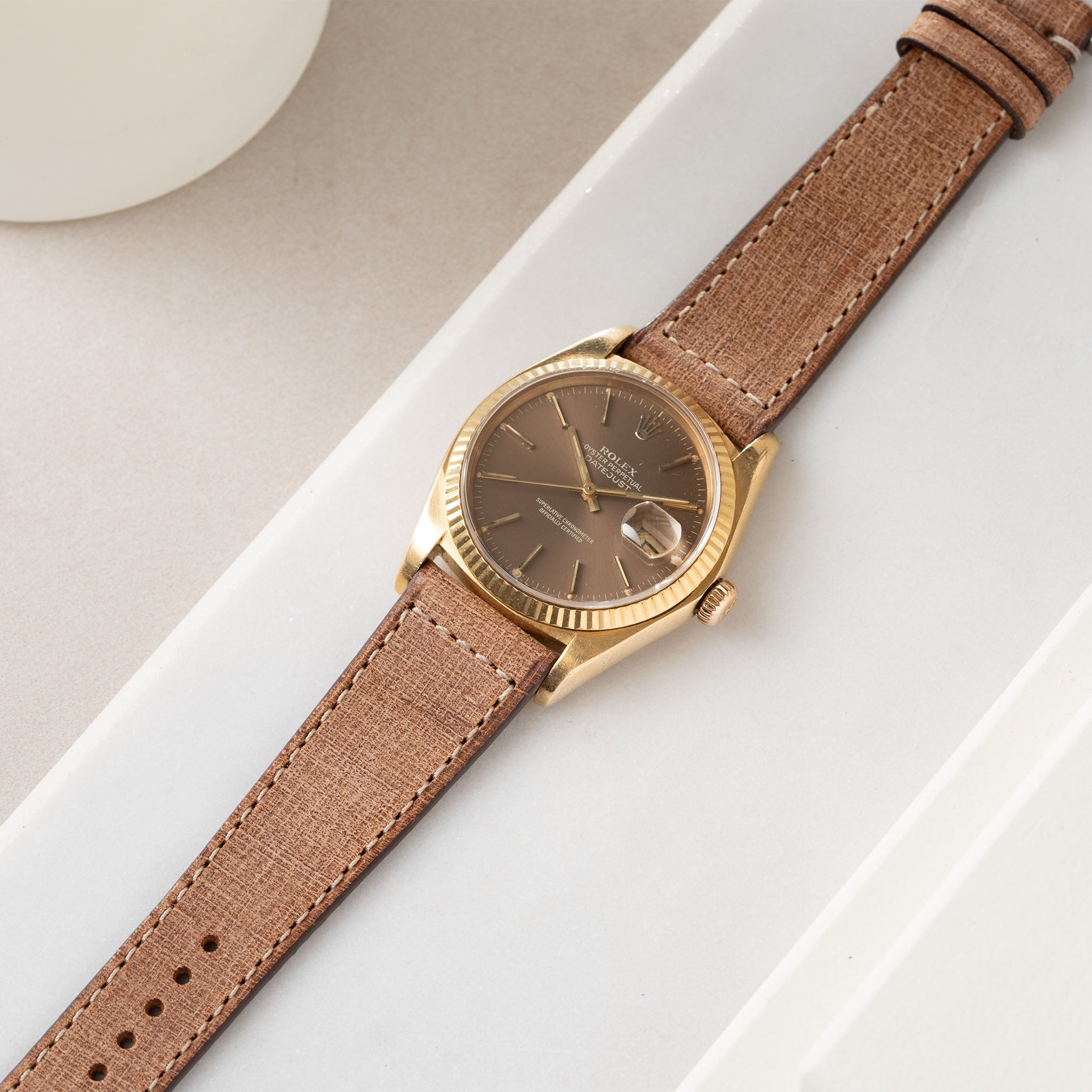 Linen Boxed Leather Watch Strap - Elegant Brown