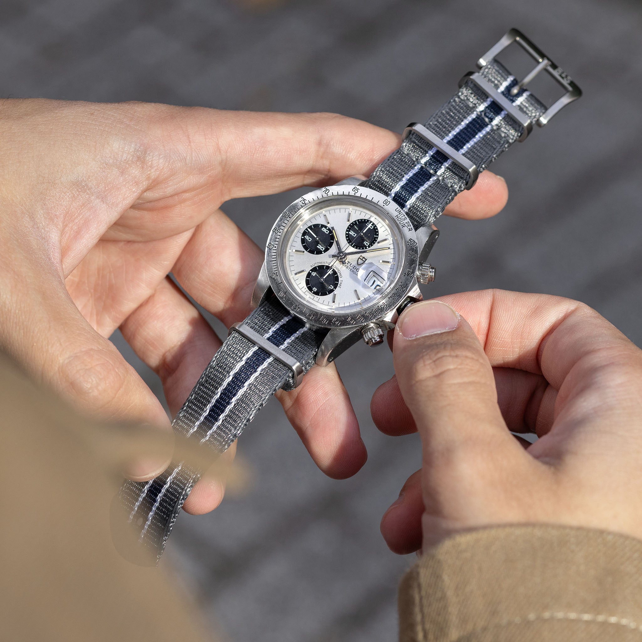 Deluxe Nylon Nato Horlogeband Grijs Blauw Gestreept