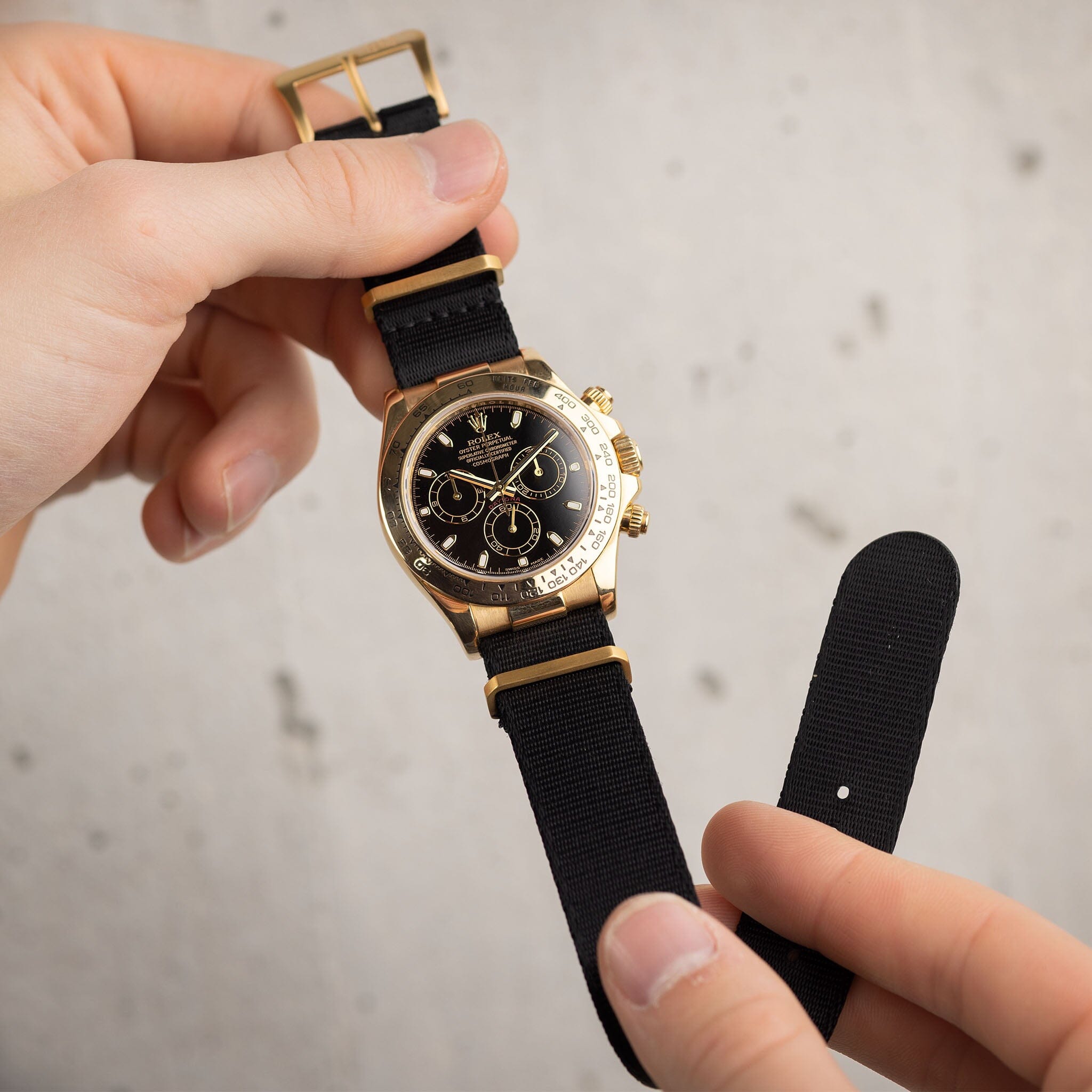 Sample Sale - Deluxe Nylon Single Pass Watch Strap Pure Black - Gold Brushed - 22mm