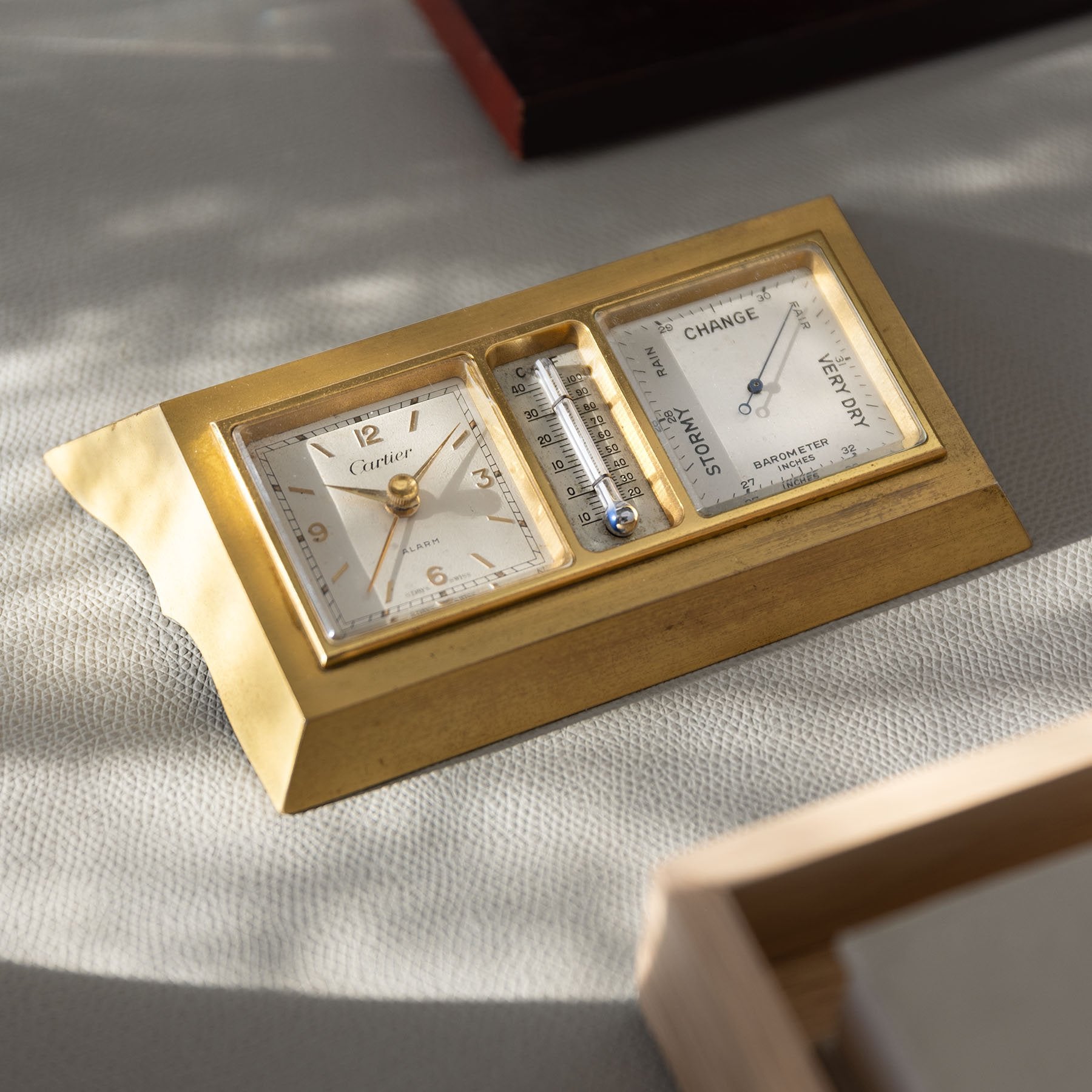 1960s Cartier Gilt Brass Desk Alarm Clock and Weather Station