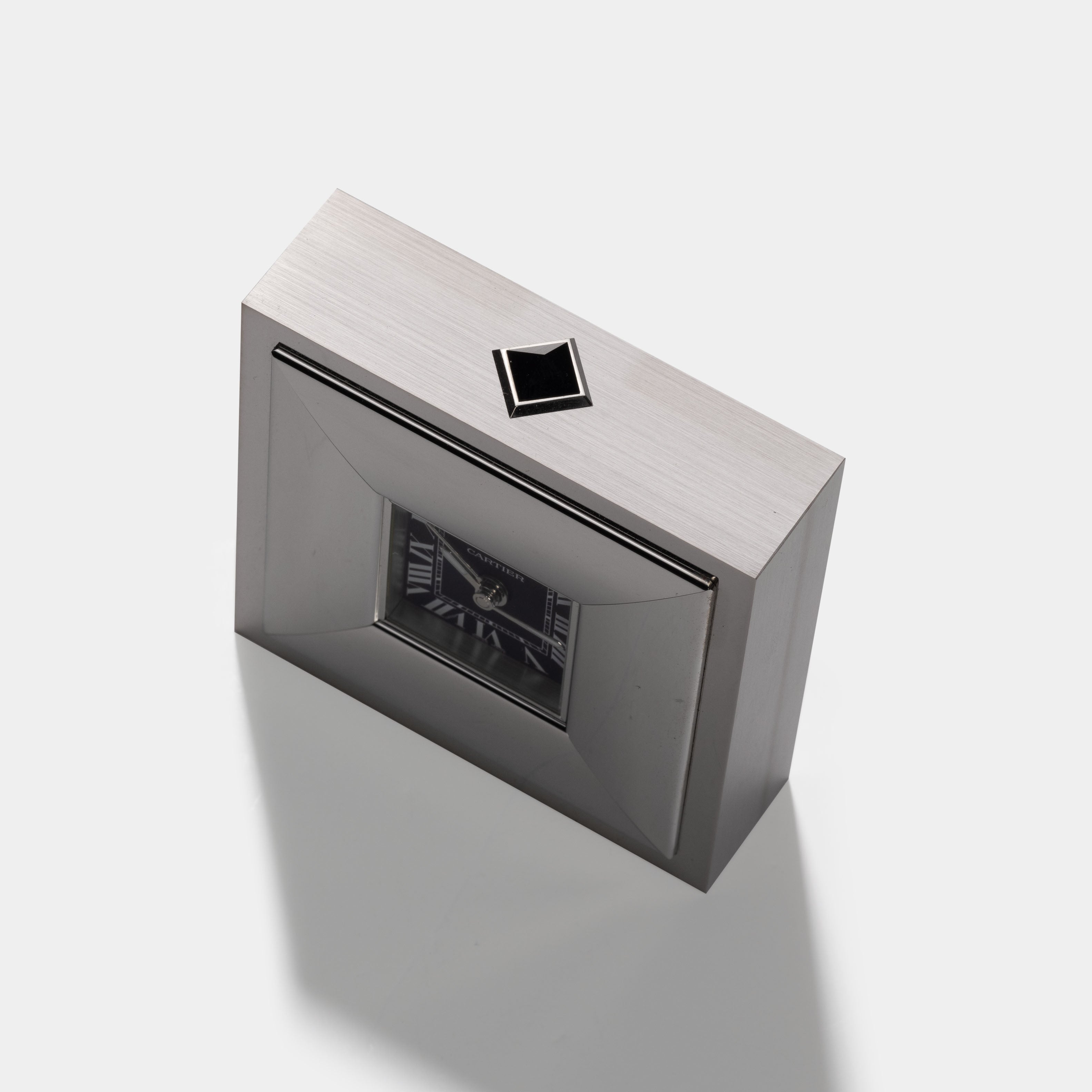 Cartier Travel / Desk Alarm Clock in Palladium -Chrome finish ref 2745 with Original Box and Guarantee Certificate