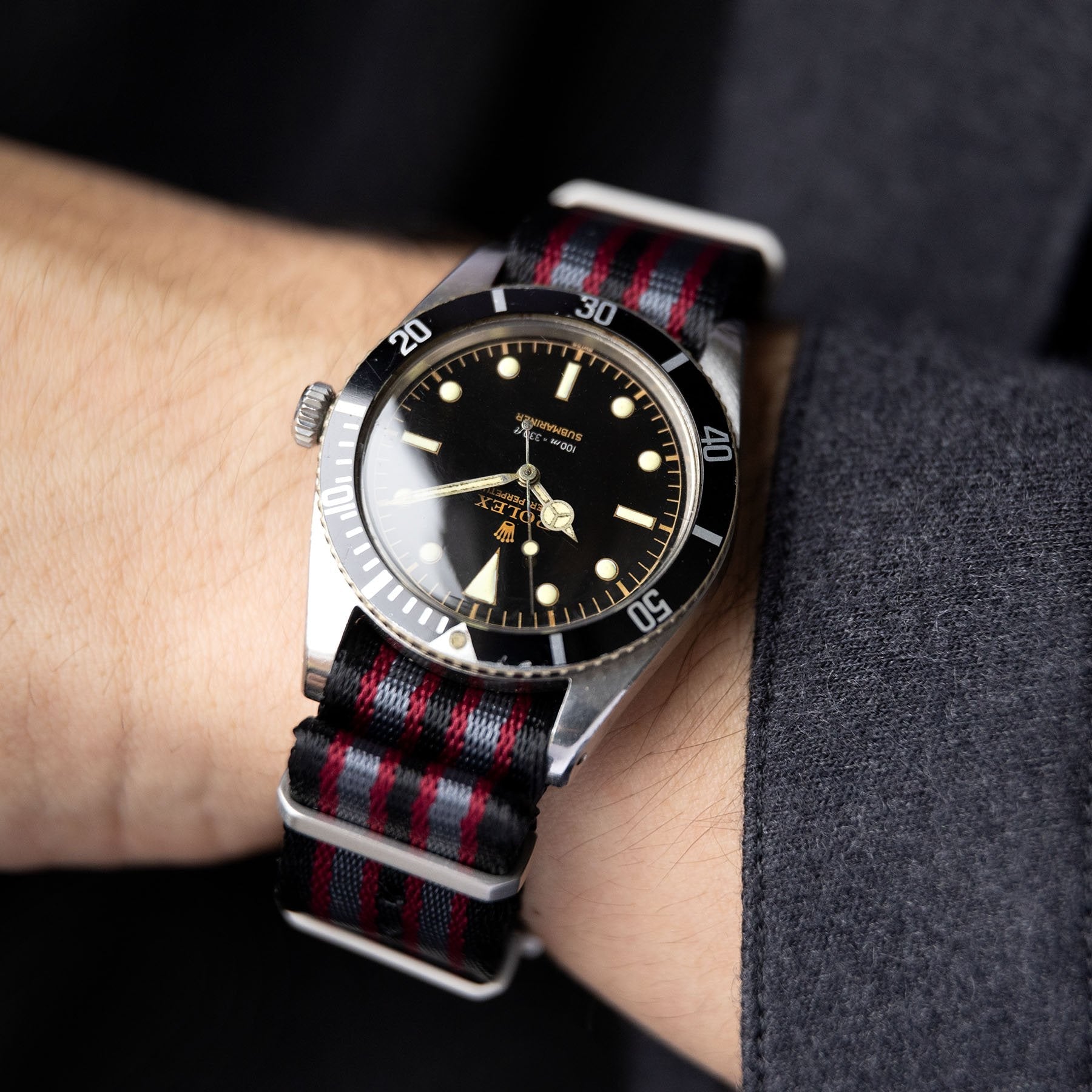 Deluxe Nylon Nato Horlogeband Zwart Gestreept Grijs Bordeaux
