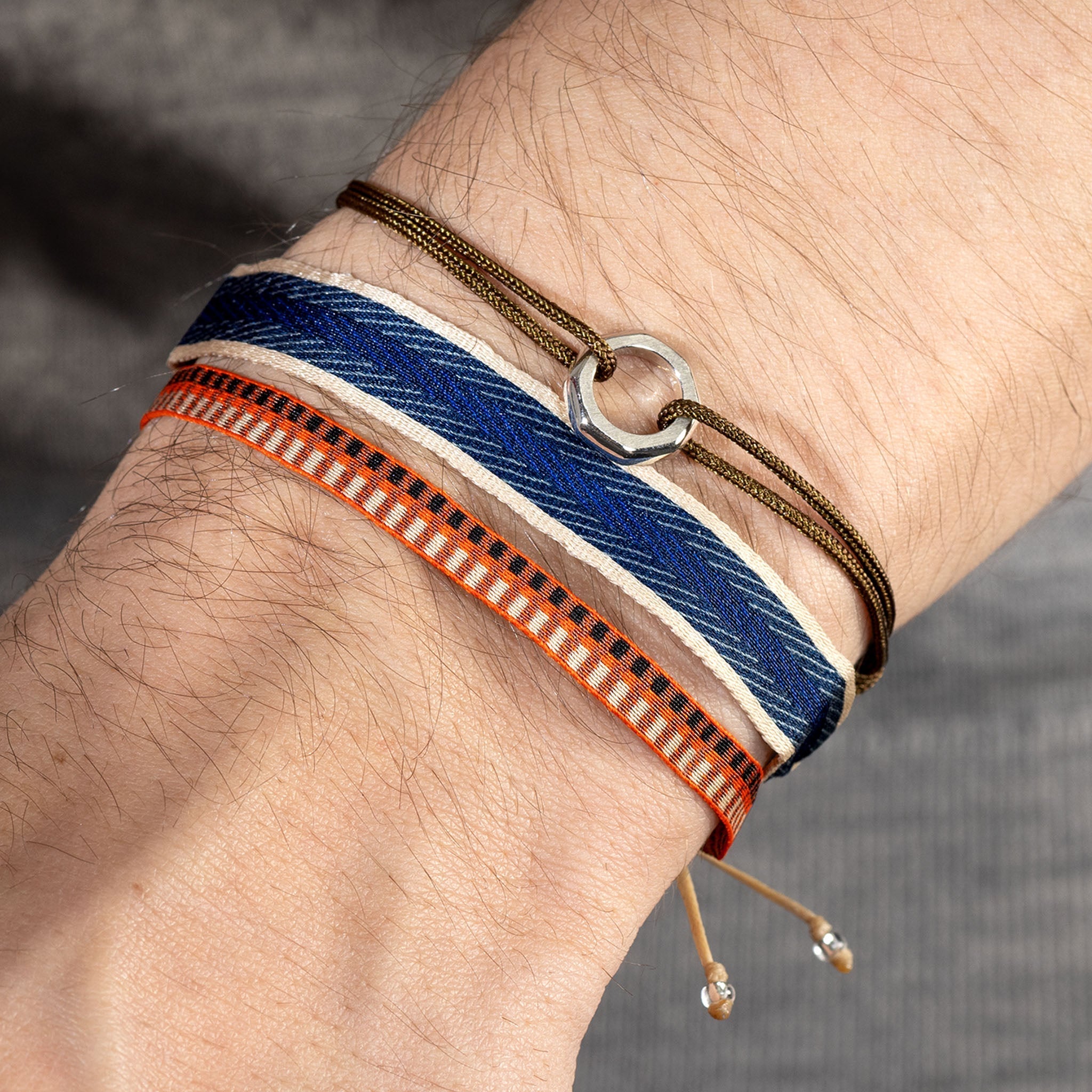 Oskar Gydell Octa Ring With Nylon Cord Silver Gold Brown