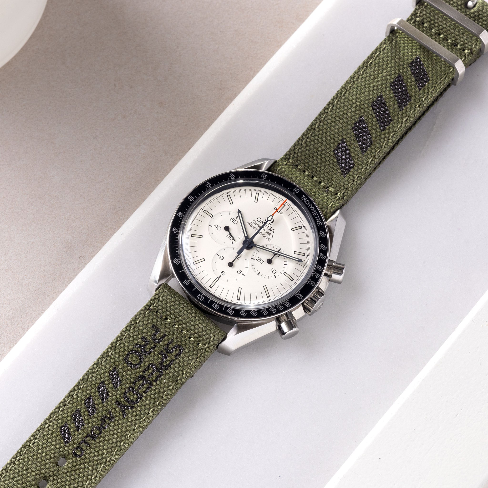 Horlogeband voor Omega Speedmaster Professional - Canvas Speedy Print in Olive, Taupe en Grijs
